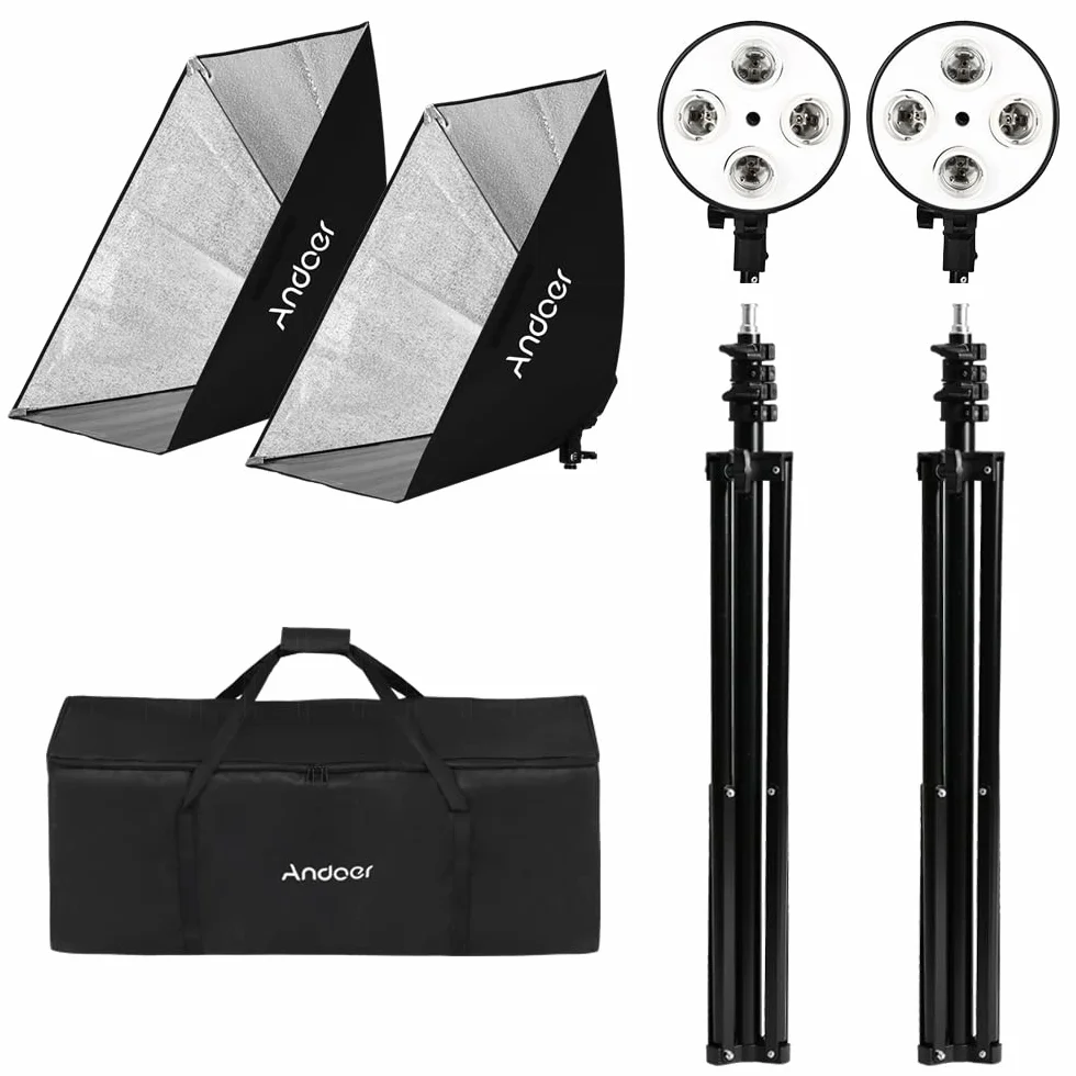 Andoer Softbox LED Set 2 x 50 x 70 cm, 2 x 4 in 1 Portalampada, 2 x 2 M Supporto di luce, Borsa da trasporto per ritratti di studio, fotografia