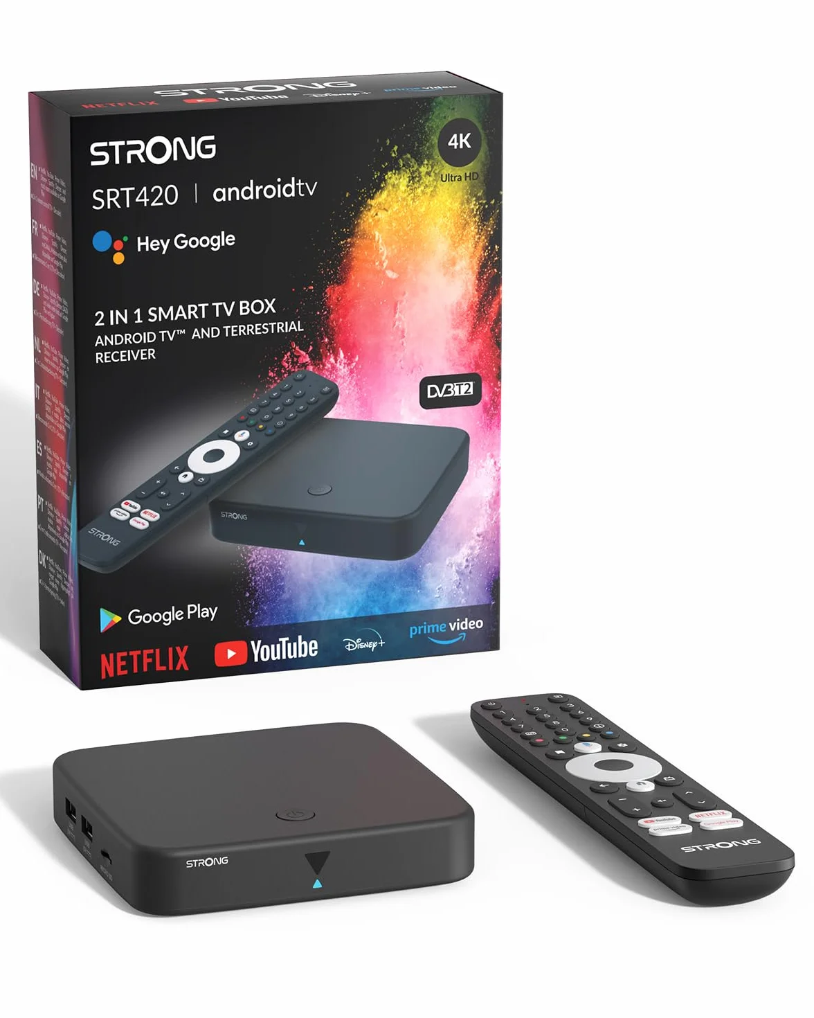 STRONG SRT420 Streaming Box Android TV, DVB-T 4K UHD, 2GB RAM + 8GB Memoria, Wi-Fi 5, Bluetooth BLE 5.0, HDR10+, Nero