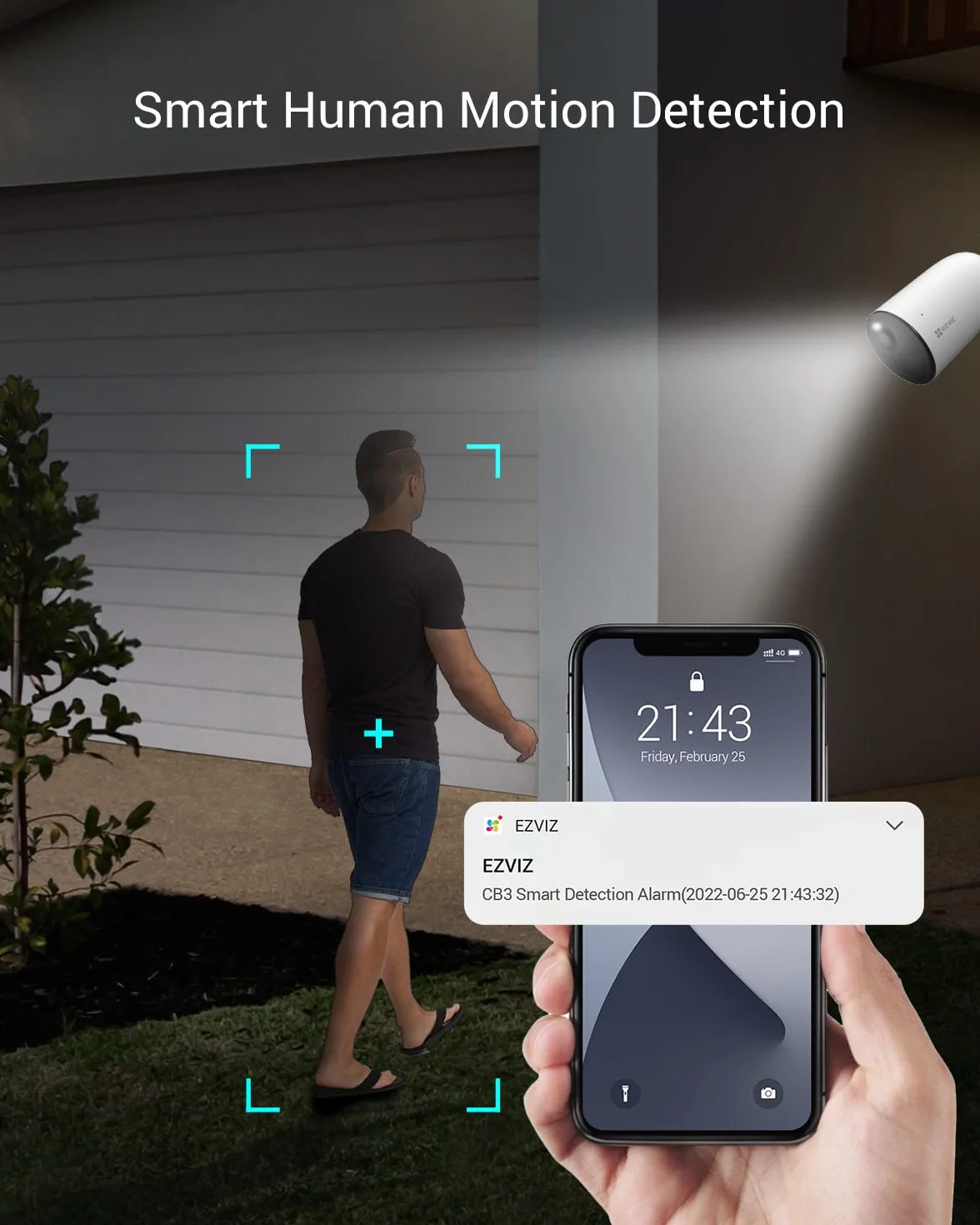 EZVIZ CB3 Telecamera Wi-Fi a batteria da esterno, Visione notturna a colori, 120 Giorni durata batteria, Impermeabile, Rilevamento Persone