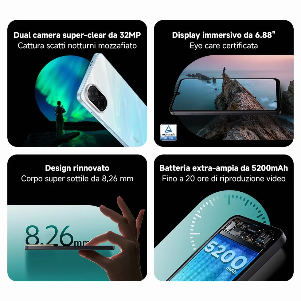 Redmi A5 Smartphone, 4+128GB, Nero, dual camera con AI da 32MP, ampia batteria da 5200mAh (typ), potente processore octa-core, display immersivo da 6,88" a 120Hz (caricatore non incluso)