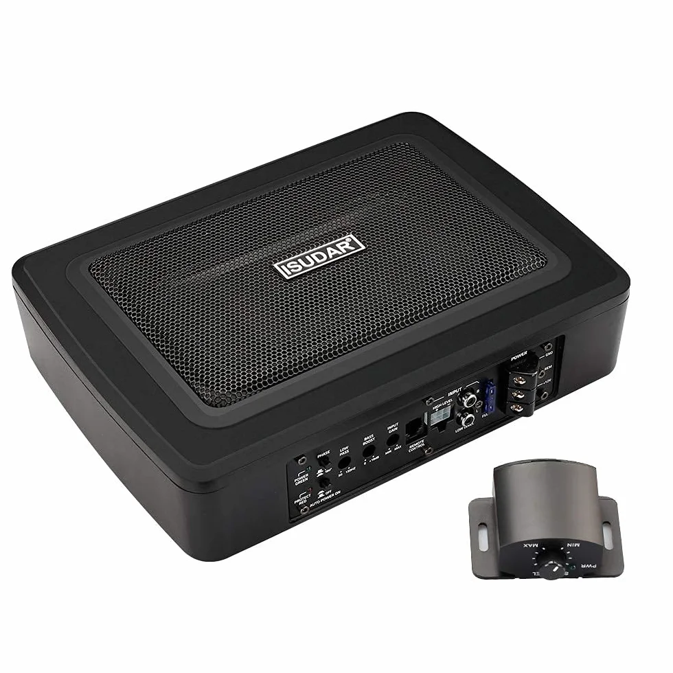 ISUDAR Subwoofer Slim Max 600W da 9 pollici con alimentazione attiva Subwoofer audio per auto sottosedile Amplificatore integrato per auto/camion con telecomando Livelli di ingresso bassi e alti, Nero