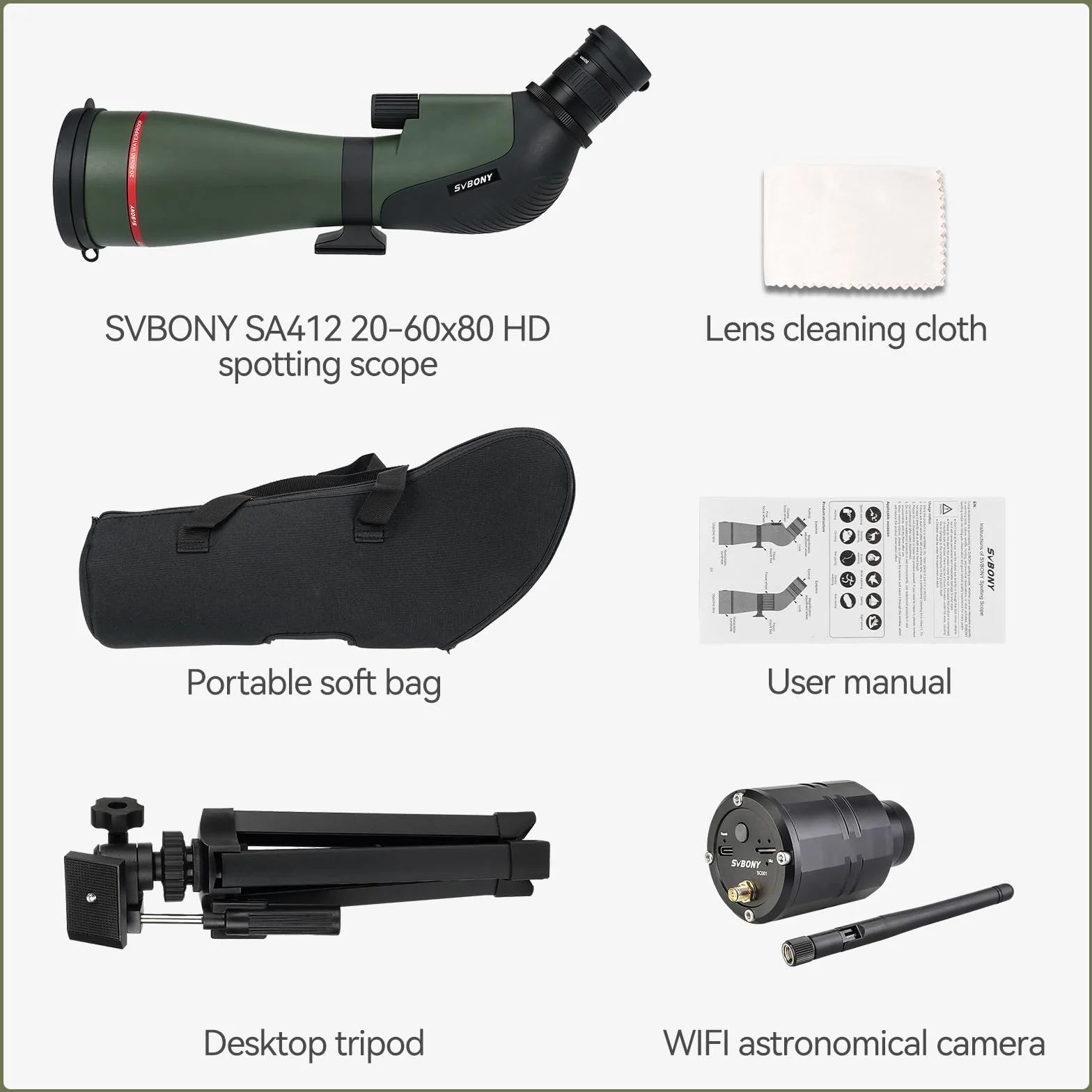 Svbony SA412 20-60x80 Spotting Scopes con WIFI Camera, HD Spotting Scope con Treppiede da Tavolo, Cannocchiale a Lungo Raggio, Cannocchiale Antiappannamento Impermeabile FMC per Tiro al Bersaglio