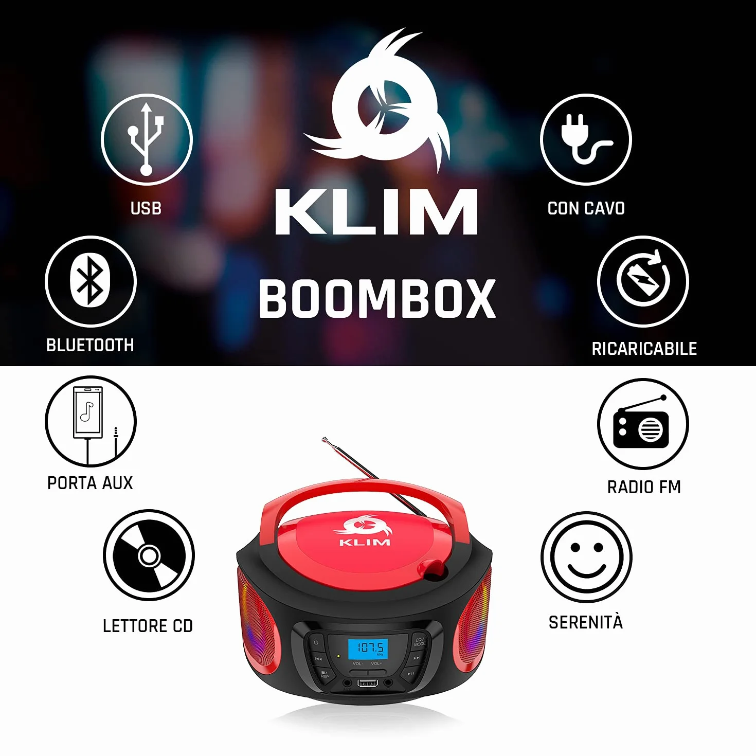 KLIM Boombox – Stereo Portatile Radio portatile FM, lettore cd, Bluetooth, MP3, USB, AUX - Batterie ricaricabili incluse - Connessione AUX e Wireless - Compatto e robusto - NOVITÀ - Rosso