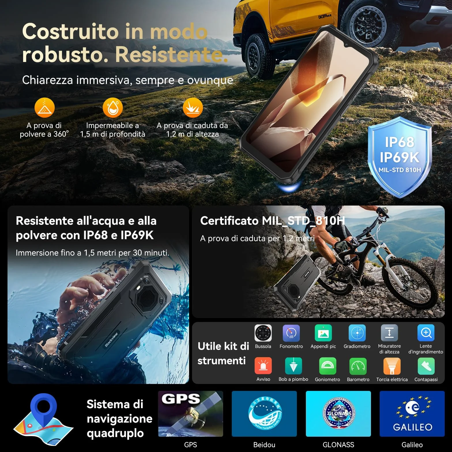 Blackview BV6200 Plus Rugged Smartphone 2026, Batteria 11000mAh Telefono Indistruttibile 24GB+128GB/2TB TF, 6.56" HD+, 98dB Altoparlante, Fotocamera AI 16MP+13MP, Fingerprint/NFC/GPS/3 Anni Garanzia