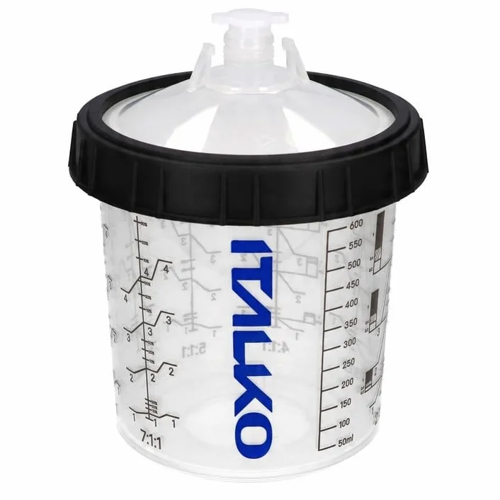 Set di bicchieri per verniciatura PPS 650 ml – 50 bicchieri usa e getta + 50 coperchi con filtro da 125 µm o 190 µm + 1 contenitore + tappi di chiusura – bicchiere per vernice pistola a spruzzo