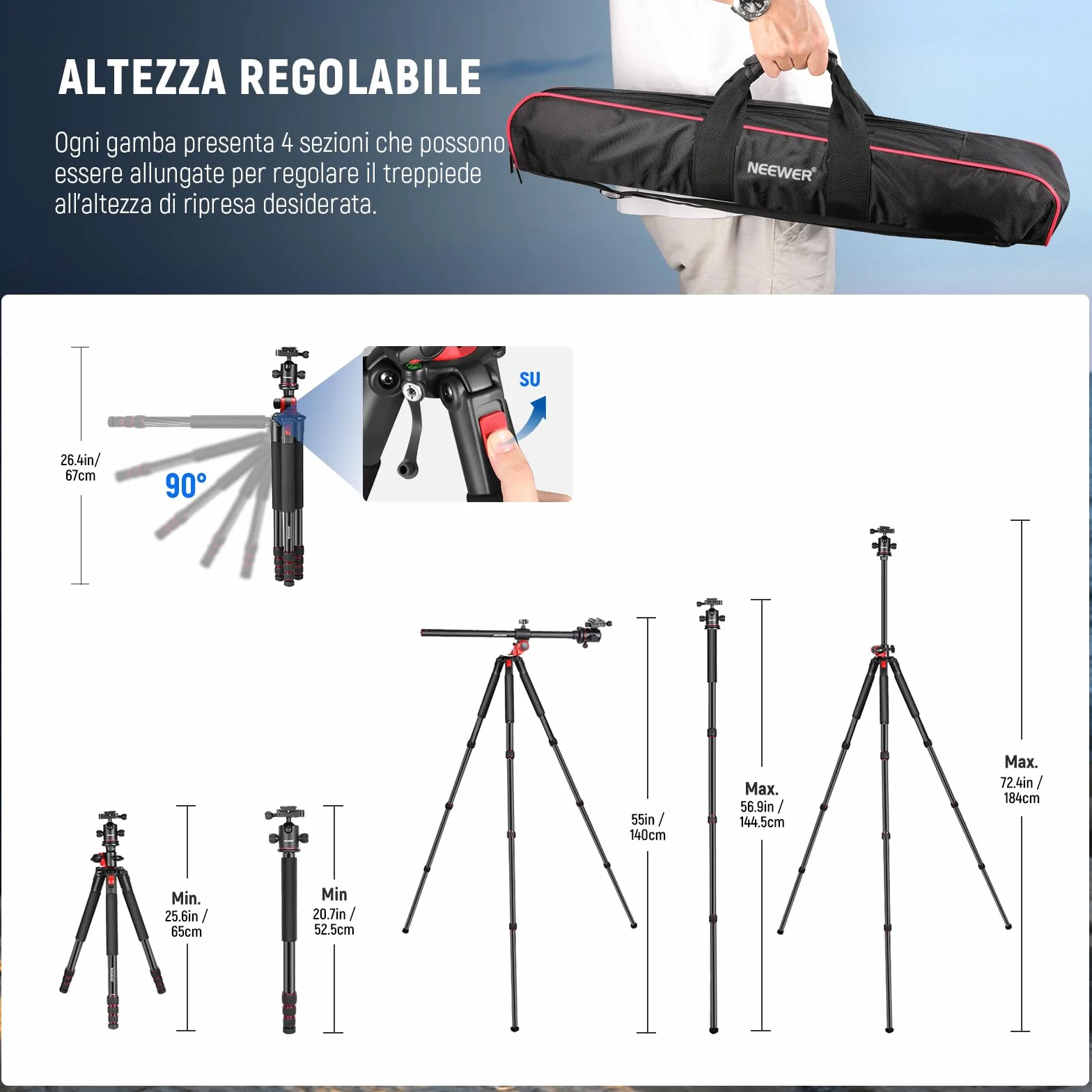 NEEWER 184cm Treppiede Monopiede per Fotocamera con Colonna Centrale e Testa a Sfera in Alluminio, Piastra QR Tipo Arca, Borsa, Treppiede Braccio Orizzontale per Fotocamera DSLR, Videocamera, Max 33lb