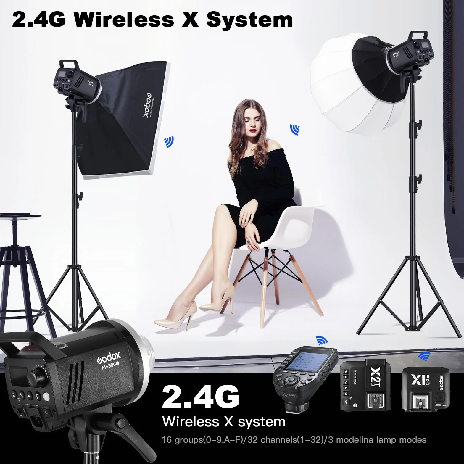 Godox MS300-V 300W Studio Flash 300w Luce Stroboscopica Sistema X wireless 2.4G 0.1-1.8S Tempo di Riciclo 5600±200K con Lampada da Modellazione a LED per Ritratti, Moda e Fotografia Pubblicitaria