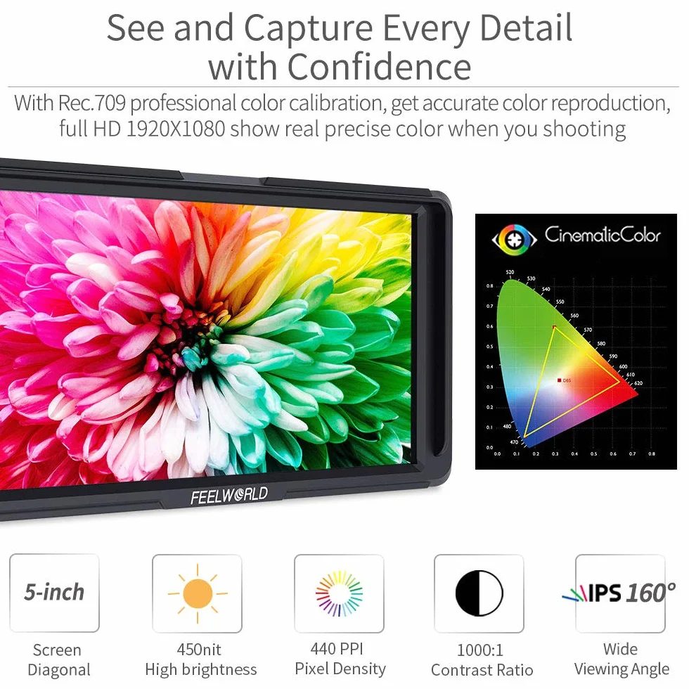 Feelworld F5 5 Pollici On Camera Field Monitor DSLR Small Full HD 1920x1080 IPS Video Peaking Focus Assist con 4K HDMI 8.4V DC Input Output Includono Tilt Arm