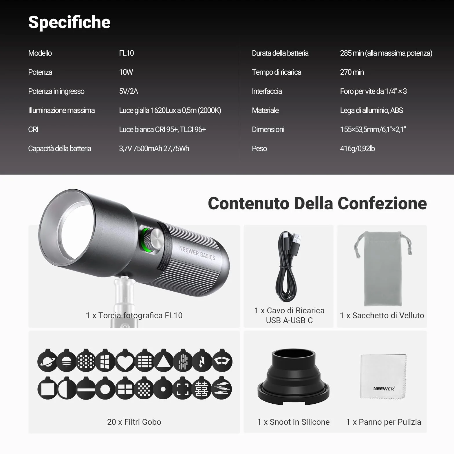 NEEWER BASICS Torcia Fotografica RGB con 4 Colori/20 Filtri Gobo/7500mAh, 10W Faretto Video LED Portatile, Luce Ambientale al Tramonto in Lega Alluminio per l'Illuminazione Studio Riprese Video, FL10