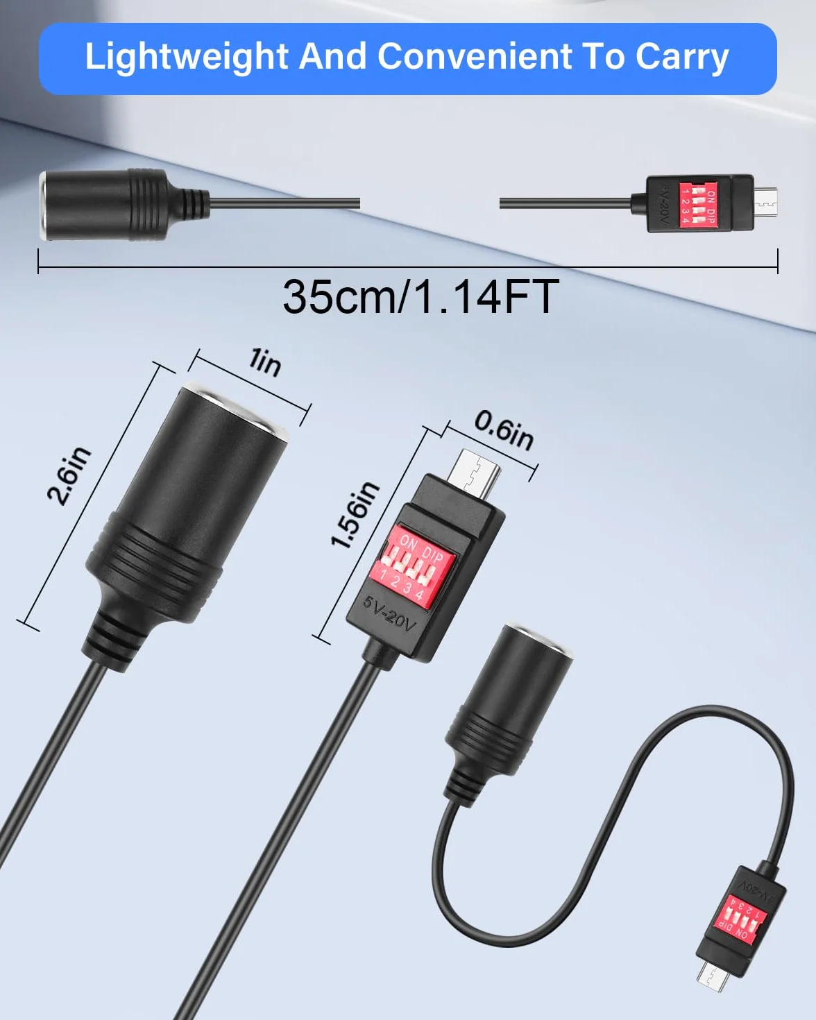 Adattatore USB C a accendisigari auto, 100 W, con adattatore USB A, interruttore DIP regolabile da 5 V/9 V/12 V/15 V/20 V, per dash cam, GPS, ecc