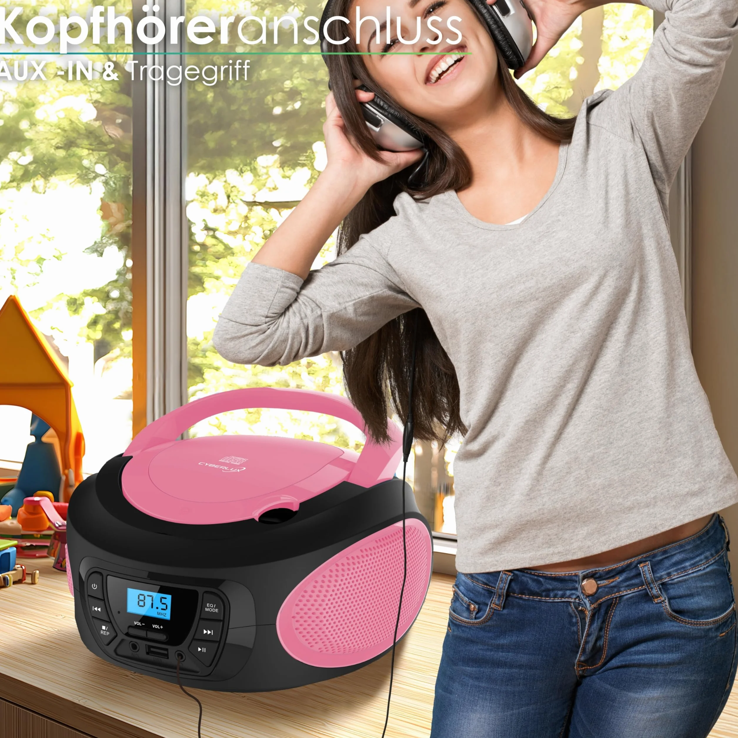 Boombox Lettore Portatile Radio FM con CD, USB e Ingresso AUX-IN, Presa per Cuffie - Sistema Stereo Compatto - Rosa Brillante (Pretty Pink)