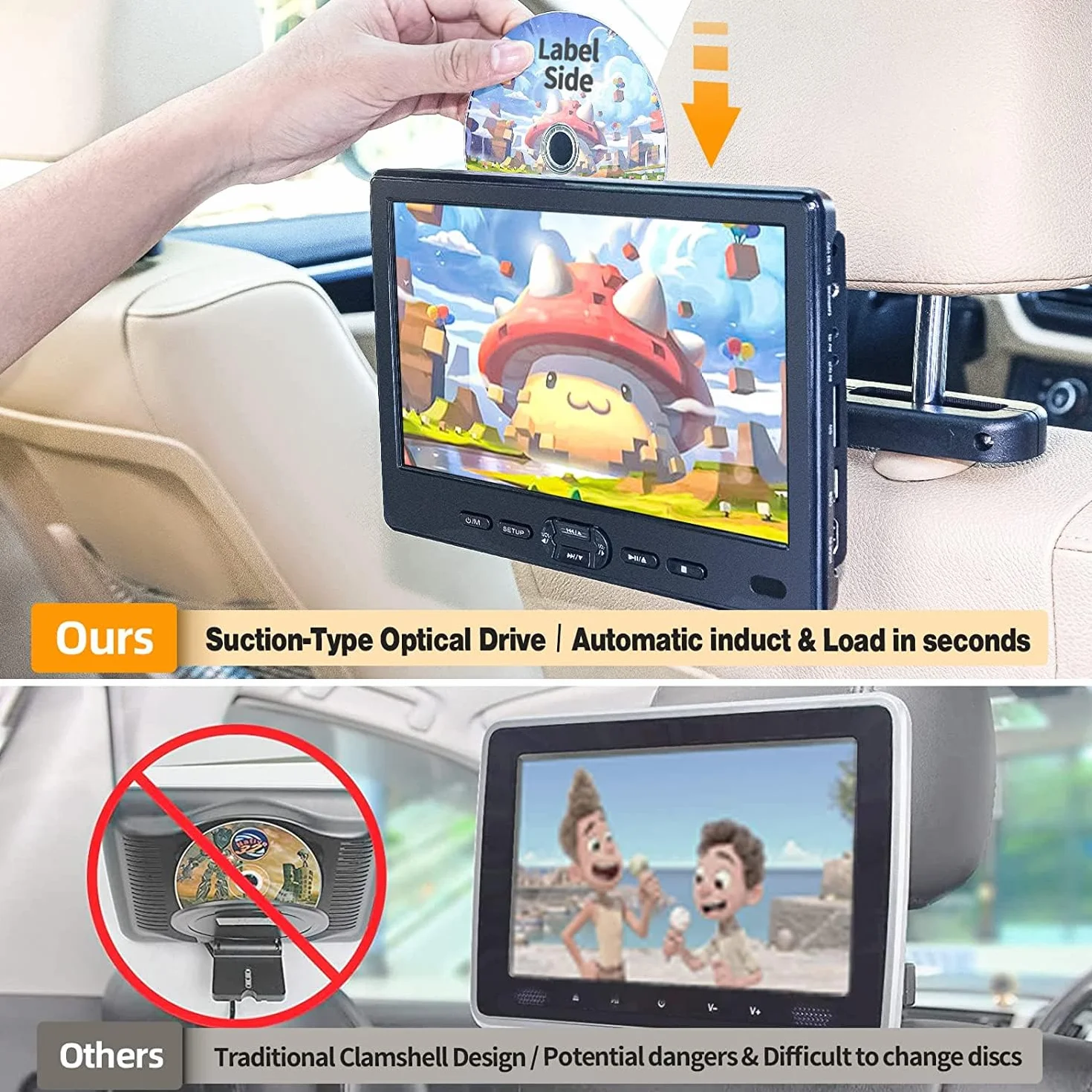 DESOBRY Lettore DVD per auto da 10,5 pollici con supporto per poggiatesta, lettore DVD portatile per auto con cuffie, ingresso disco a ventosa, supporto video 1080P