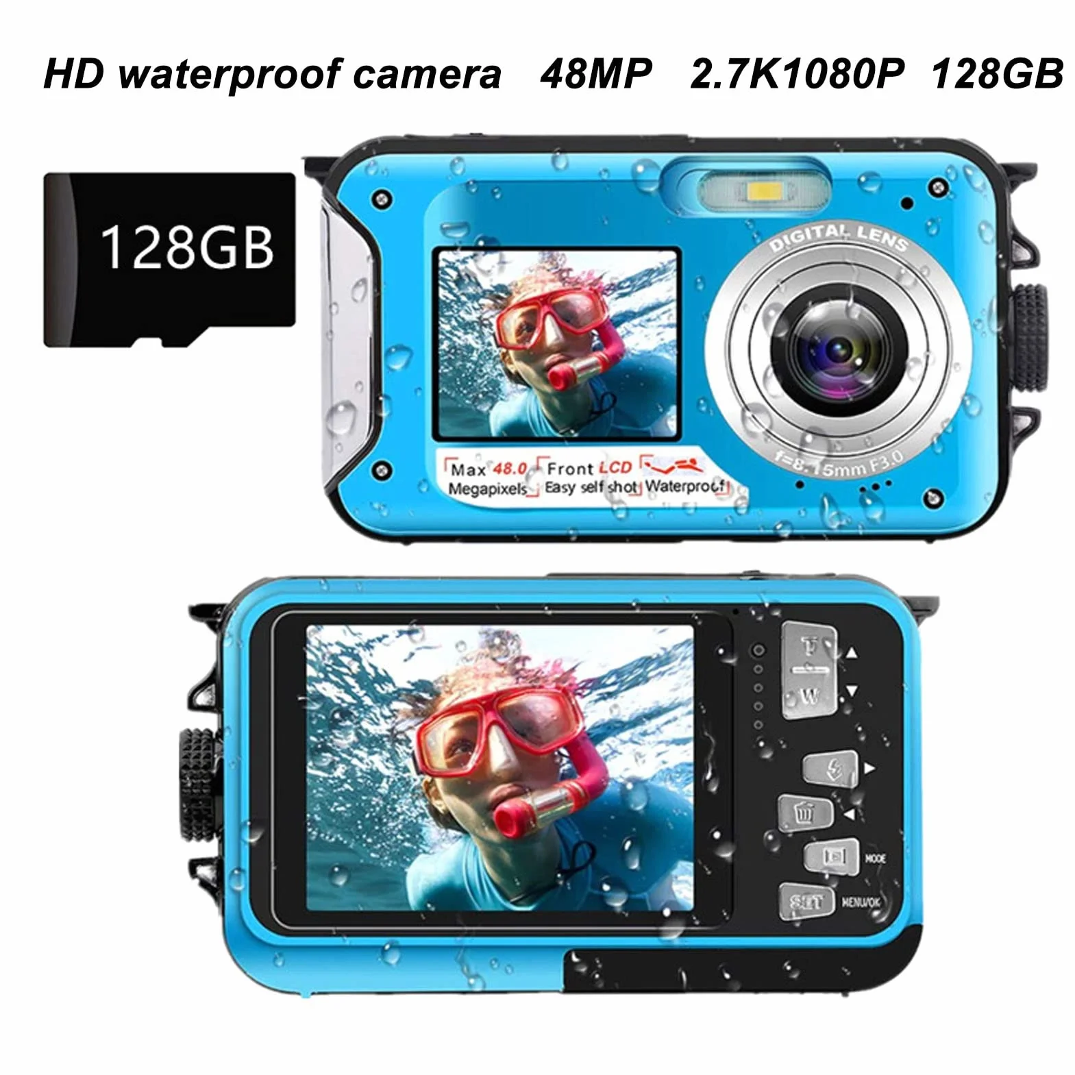 Fotocamera Subacquea, Fotocamera Subacquea da 11FT, Fotocamera Subacquea a Doppio Schermo Full HD 2.7K 48MP Autofocus Selfie con Cinghia Galleggiante, Fotocamera Subacquea con
