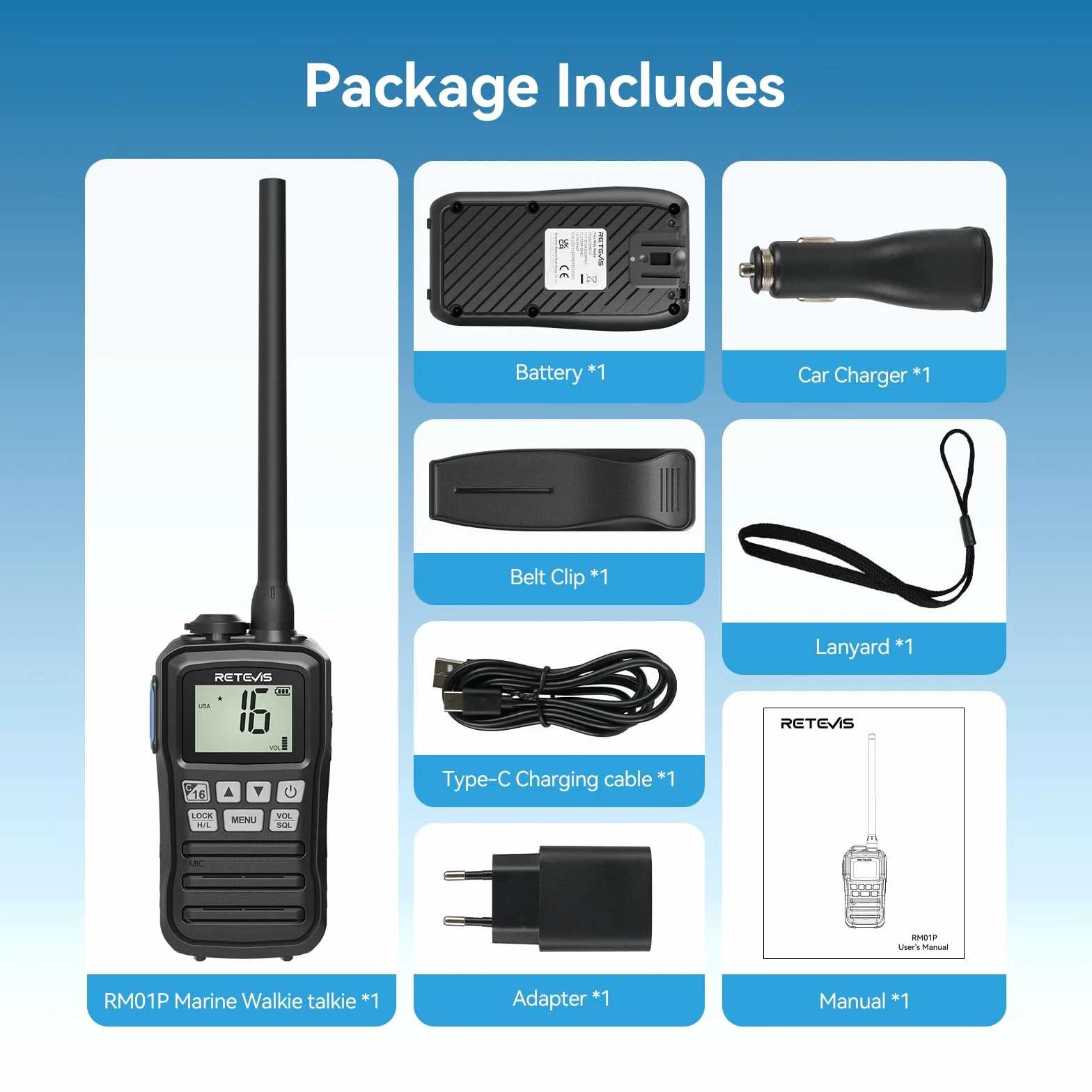 Retevis RM01P Marine Walkie Talkie IP67 Impermeabile VHF 88 Canali 1750mAh Tipo C Nero