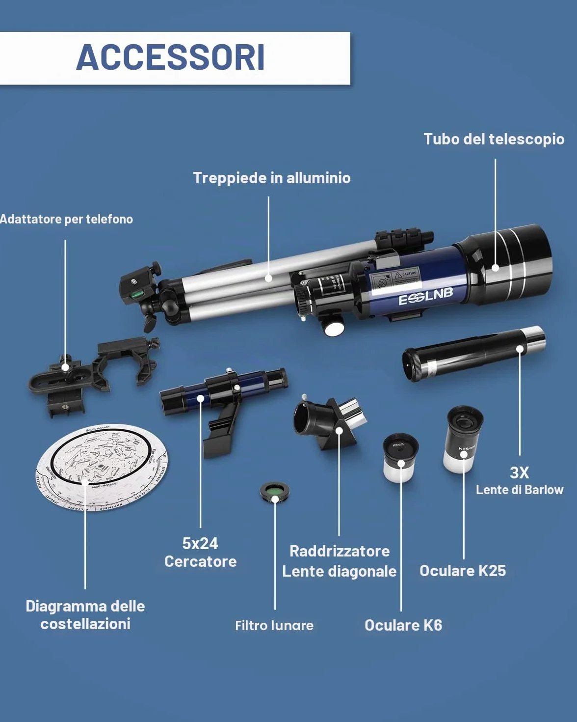 ESSLNB Telescopio Astronomico Professionale 36070 Telescopio Astronomico con Regolabile Treppiedi Adattatore Telefonico 3X Barlow Lente e Filtro Lunare