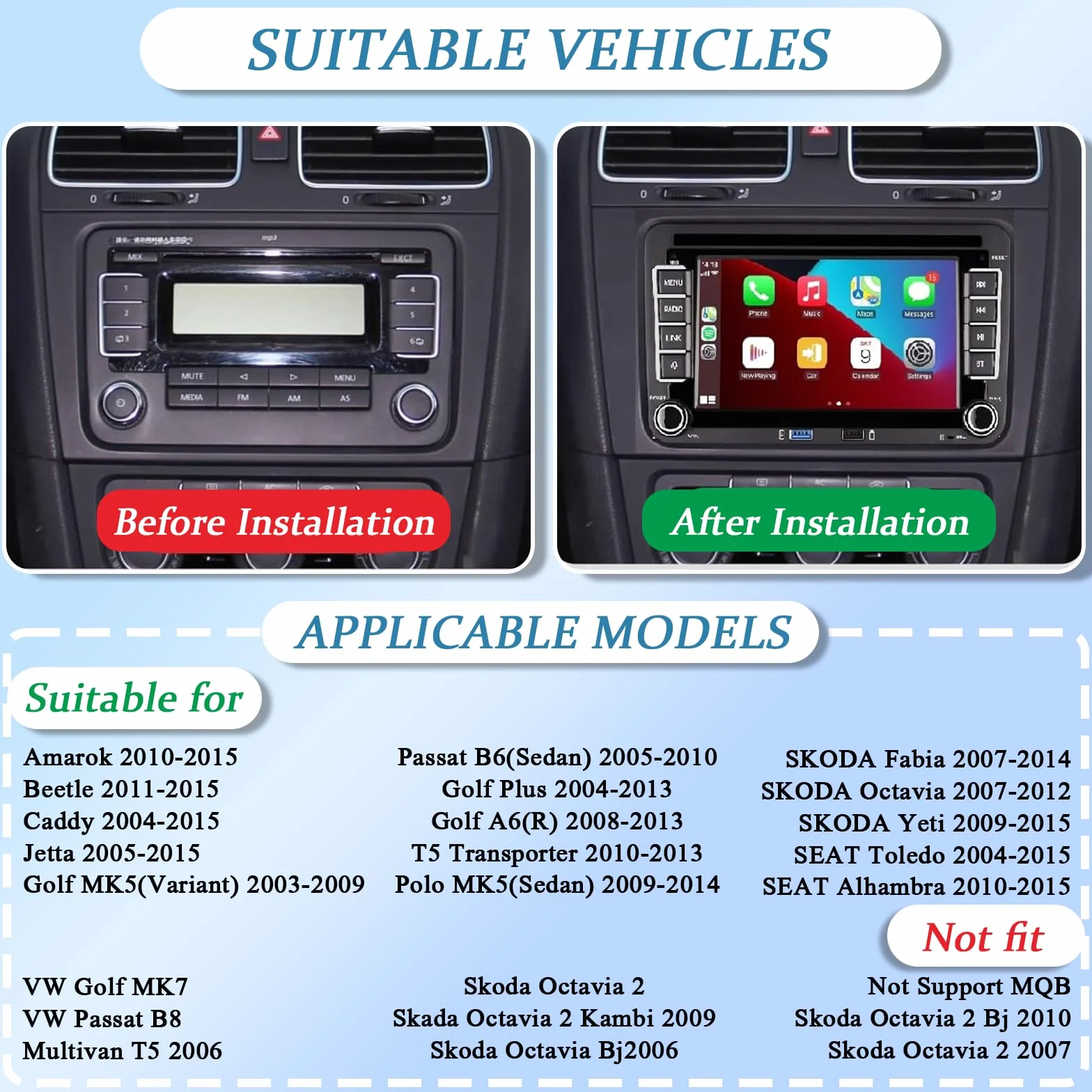 VW Auto radio of Golf 5 6 Doppio Din compatibile con CarPlay wireless/Android Auto per VW Polo Passat Caddy EOS T5 Touran con 7 Pollici IPS Mirror Link Bluetooth/FM/AM/USB/EQ/SWC
