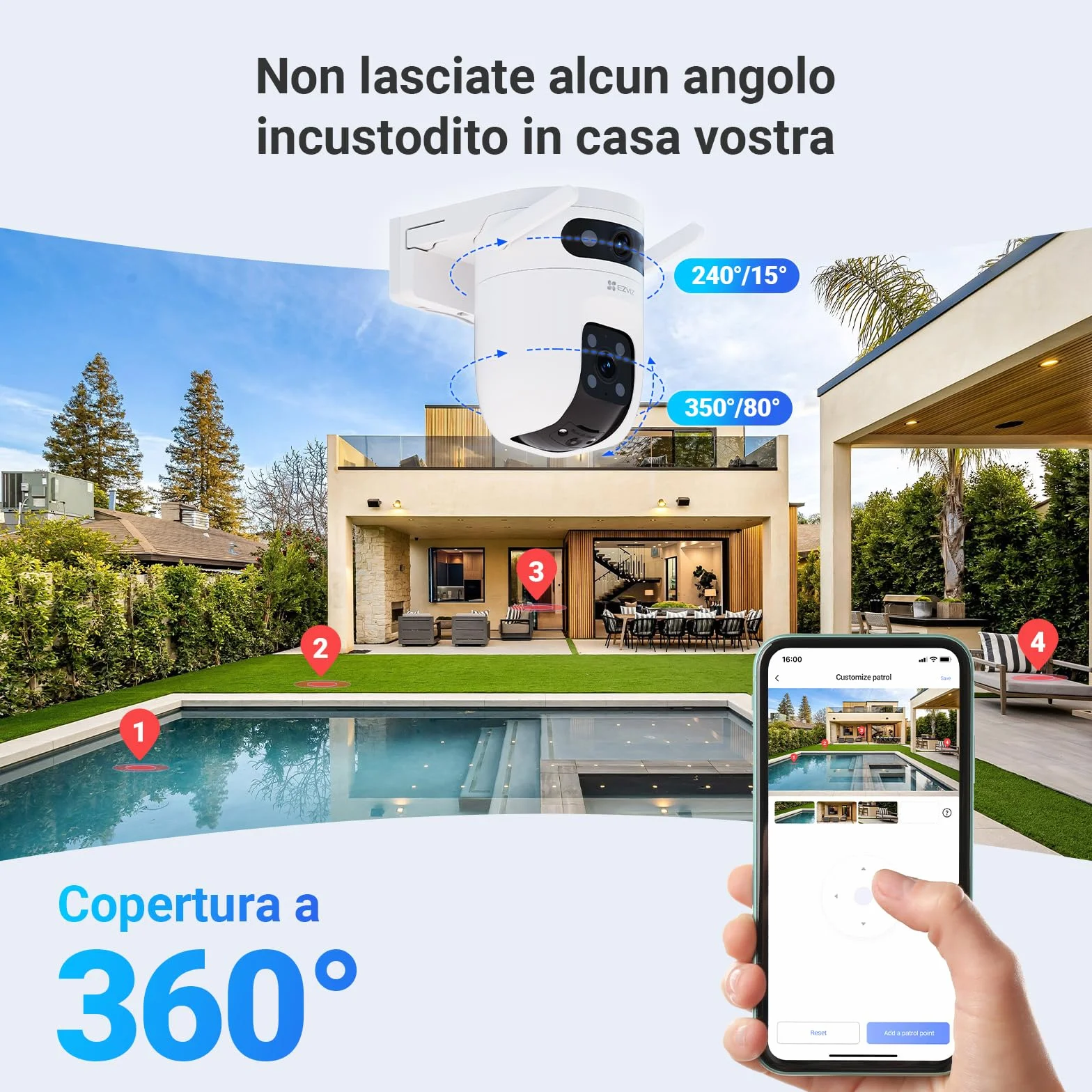 EZVIZ 10MP (5MP+5MP) Telecamera WiFi Esterno con Doppia Lente, Telecamera per Esterni a 360°, Visione Notturna a Colori, Rilevamento Persone/Veicoli, Audio Bidirezionale, Impermeabile, C9c Dual 3K