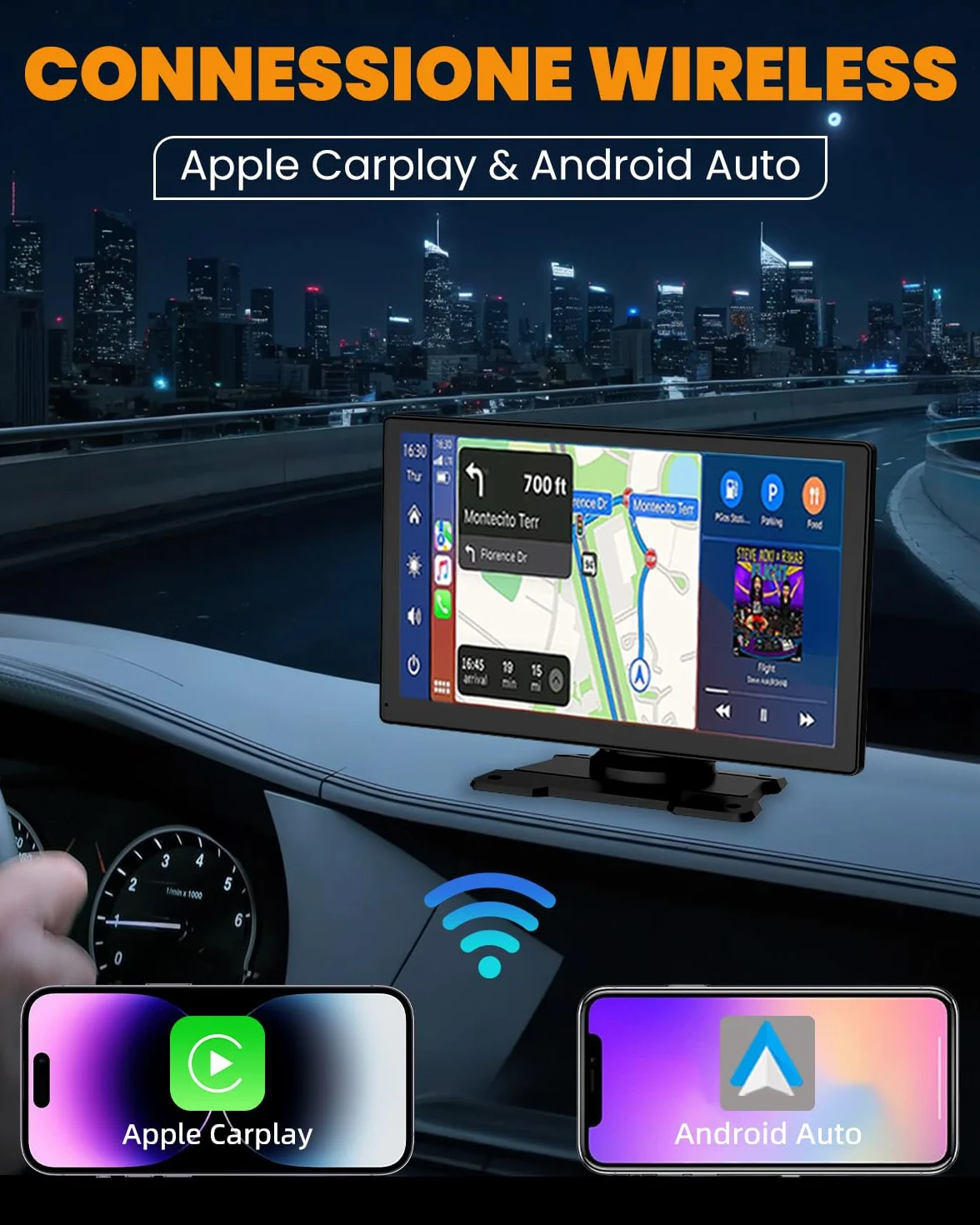 Carplay Auto, 9" Android Auto Wireless, Autoradio Bluetooth con Schermo con 1080P Telecamere Posteriori e Anteriori, Navigazione GPS, Controllo Vocale a Mani Libere, Mirror Link, AUX, FM