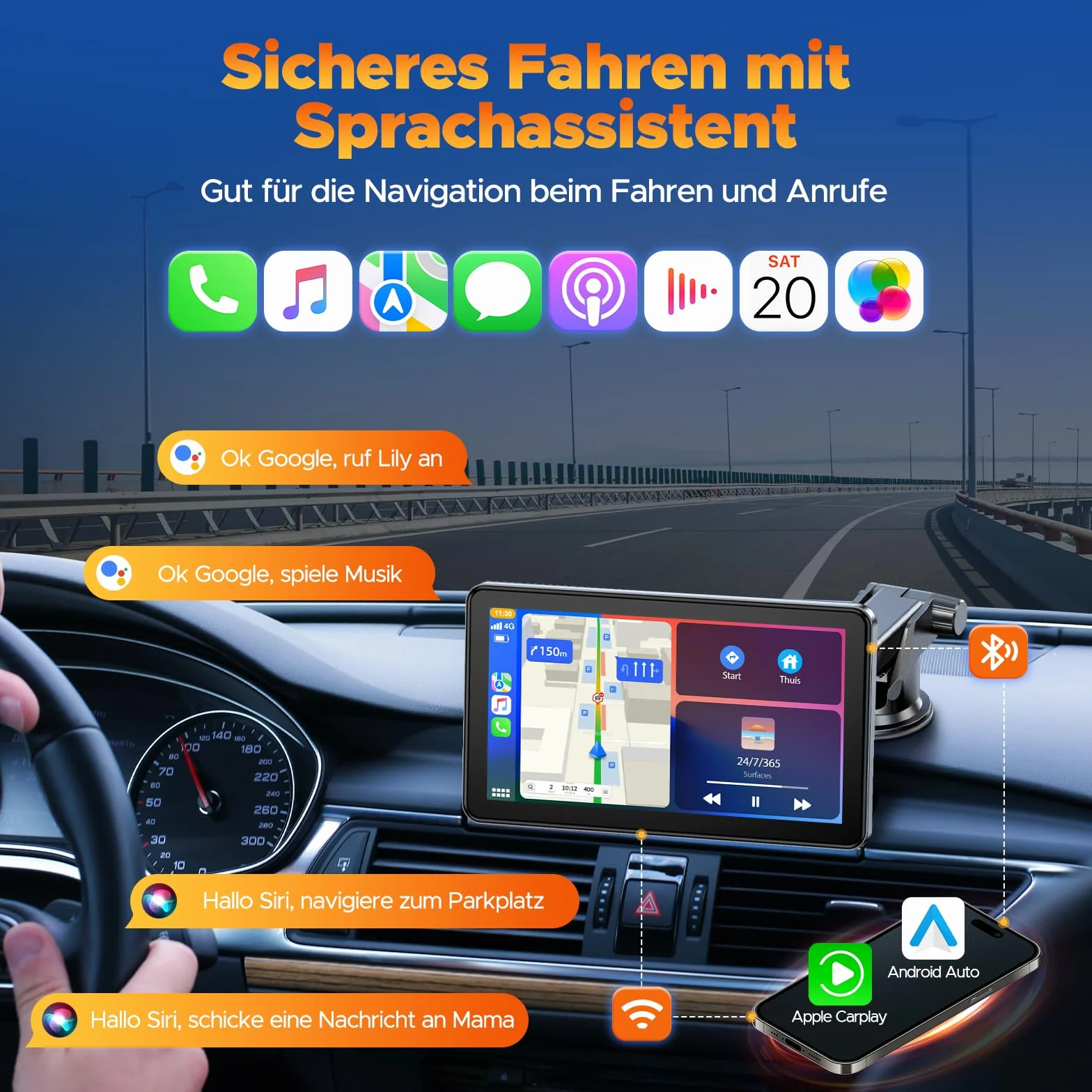 Volam 7 pollici schermo per auto carplay Display con A-pple Carplay/Android Auto,IPS Touch Screen, Mirror Link, GPS Navigazione, Assistente Vocale Siri, G00-gle, FM, AUX, Bluetooth 5.0