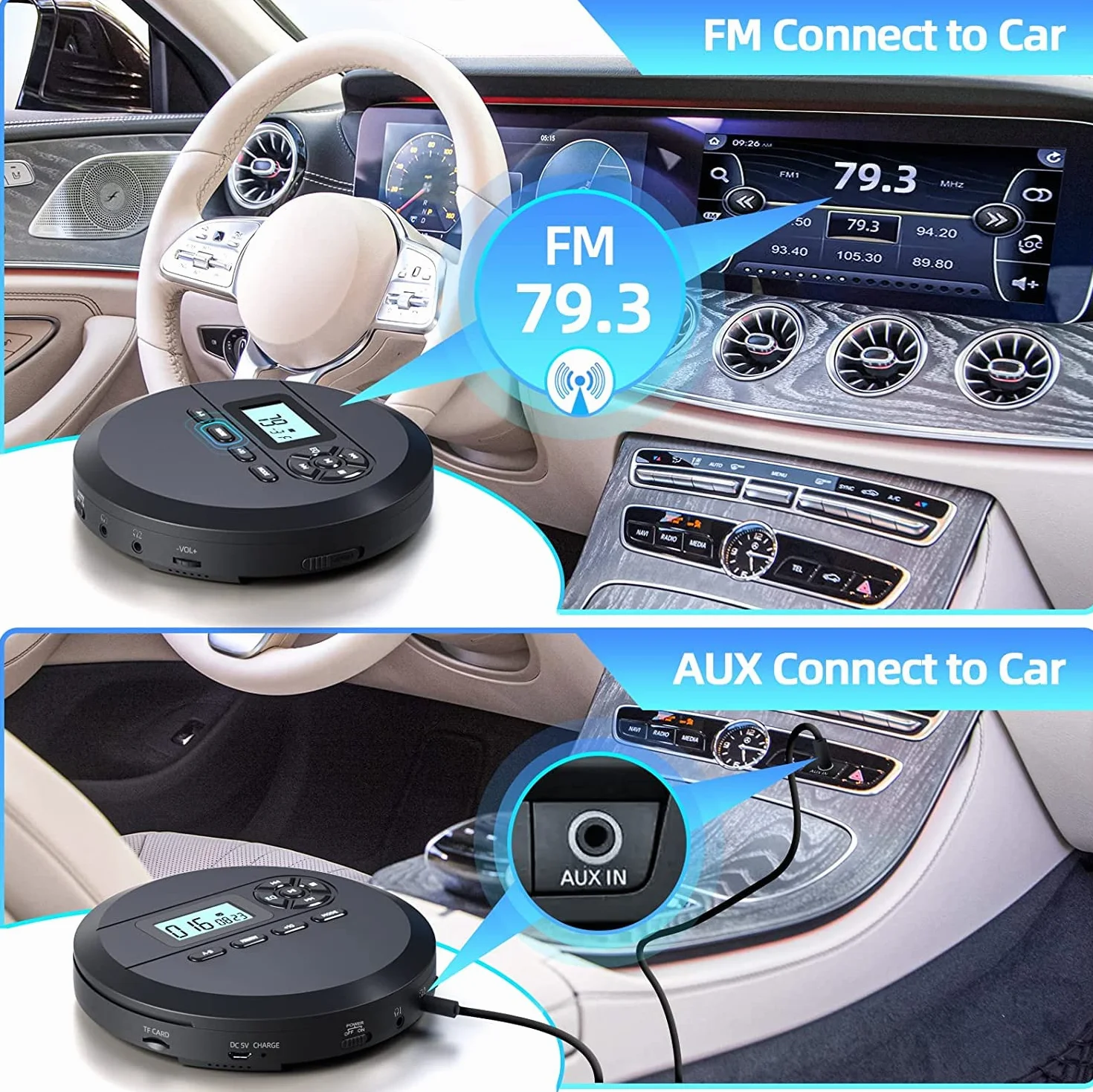DESOBRY Lettore CD portatile con altoparlanti e trasmettitore FM, lettore CD per auto, batteria integrata da 2000 mAh, schermo LCD