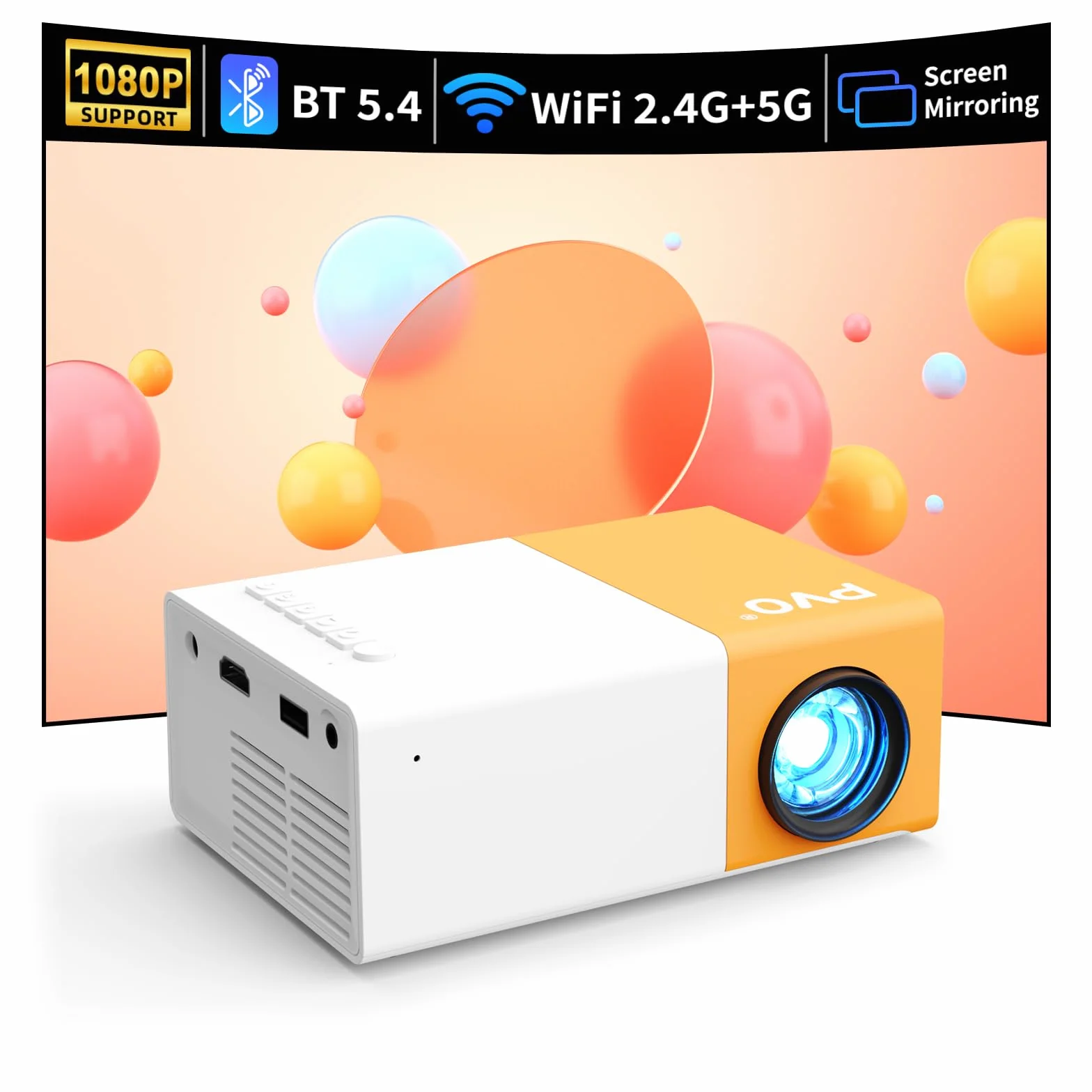 Proiettore PVO WiFi Film Portatile, Schermo del Telefono può Essere Specchiato al Proiettore in Modalità Wireless o Tramite Cavo Dati, Compatibile con Phone/Tablet/Laptop/TV Stick/USB (YG300ProMax)