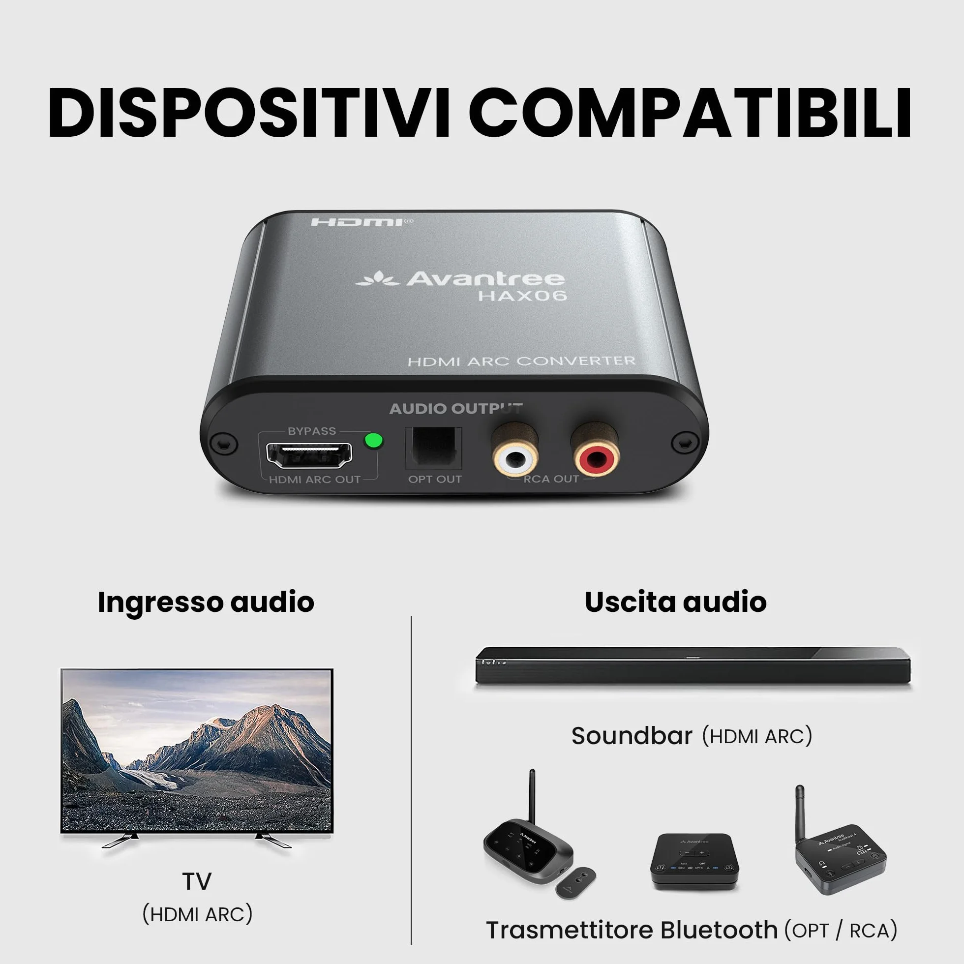 Avantree HAX06 – Estrattore audio HDMI ARC con passthrough per uso simultaneo con TV, soundbar e cuffie, uscite ottiche e RCA