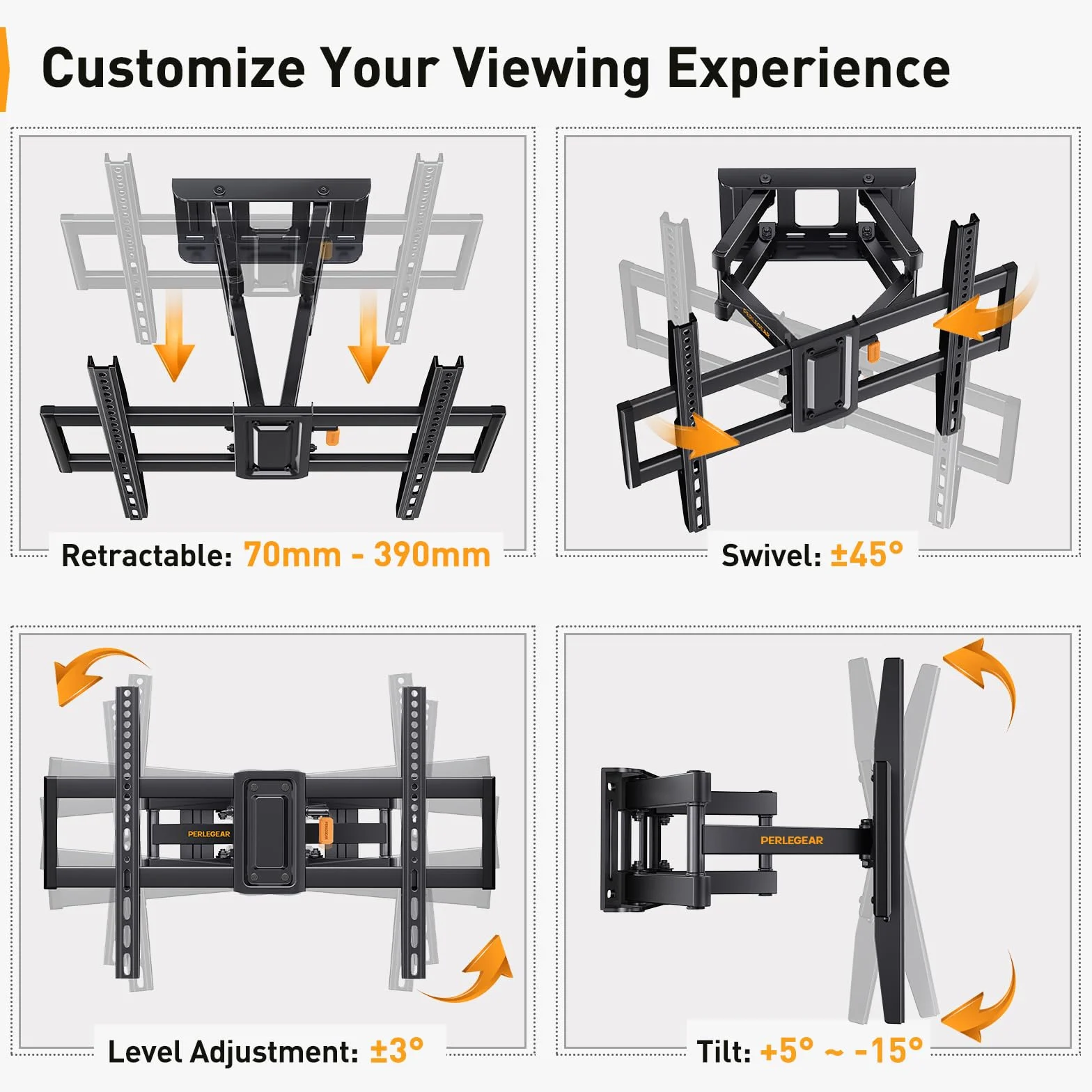 Perlegear Supporto TV Parete 37-82 Pollici Girevole Inclinabile Estendibile, Braccio Ultra Resistente 60kg VESA 200x100-600x400mm