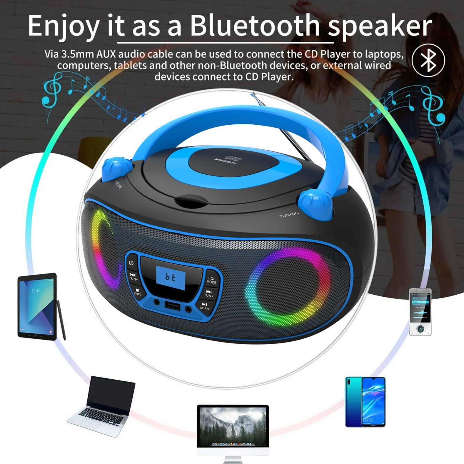 Lettore CD Radio portatile per bambini Boombox, con Bluetooth | Radio FM | USB | MP3 | Compatibile con CD-R/CD-RW, lettore CD radio