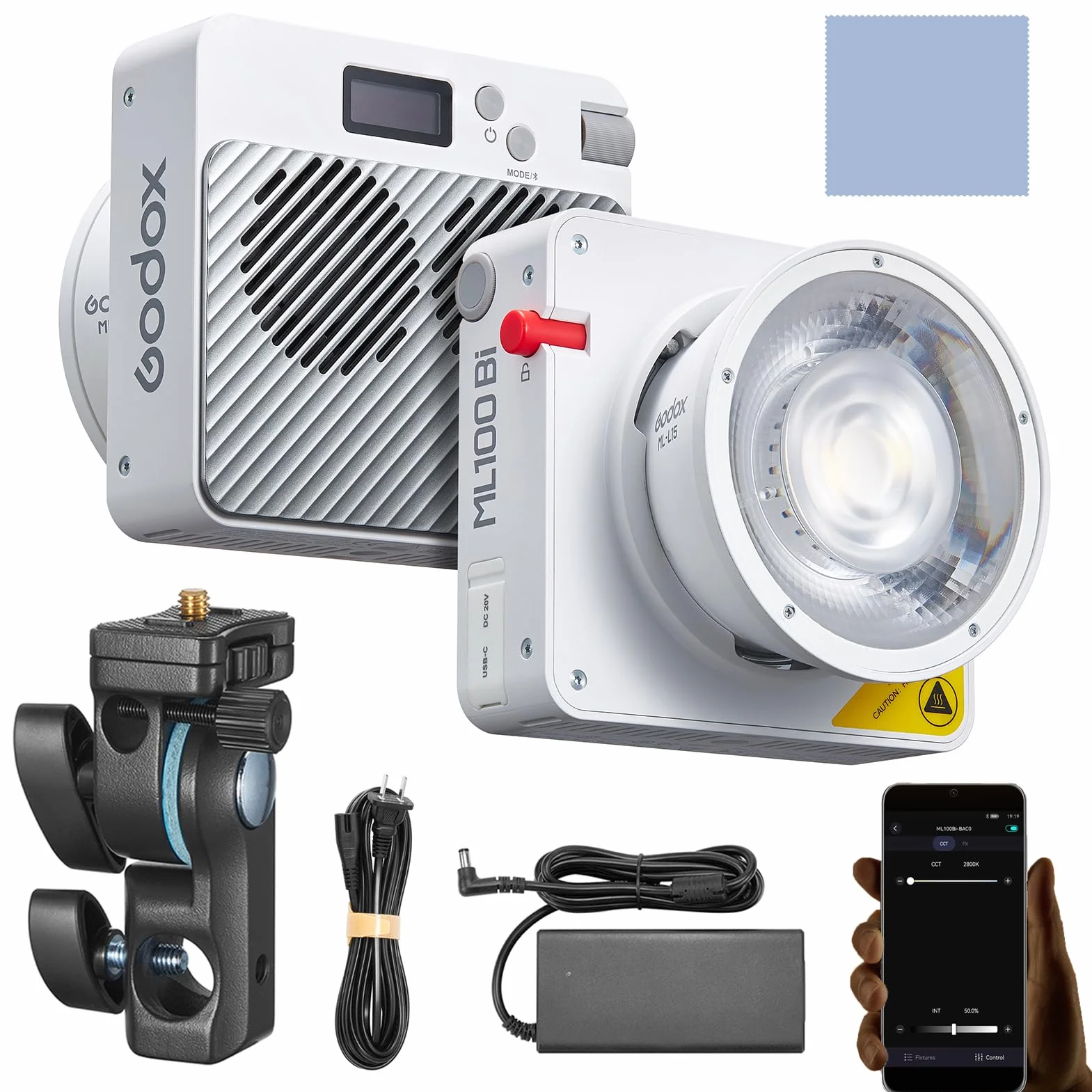 Godox ML100Bi Luce video LED tascabile 120W Luce di riempimento bicolore per fotografia 2800K-6500K 11 Effetti di luce Supporto Godox con riflettore per obiettivo da 15° Supporto flessibile