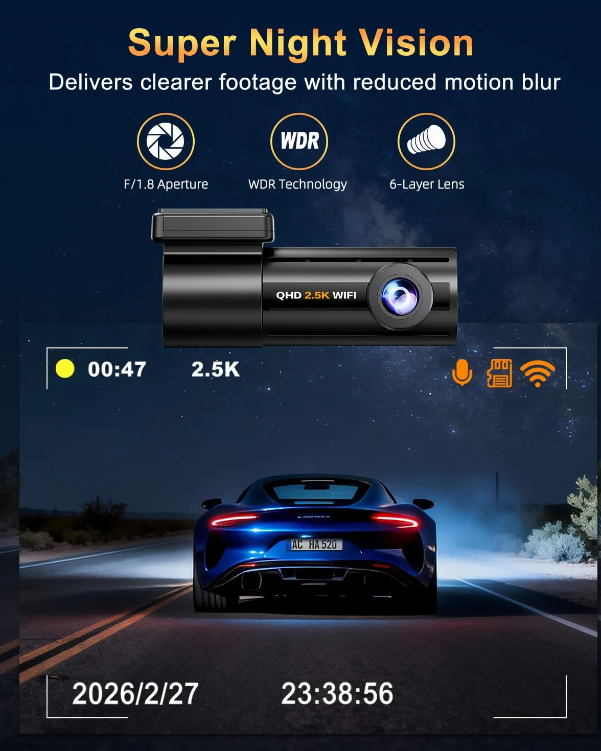 Dash Cam Auto 2.5K WiFi 5G con APP, Mini Dashcam Auto 170° Grandangolo, Telecamera per Auto 360 Gradi Rotabile, Visione Notturna WDR F1.8, G-Sensor, Loop Recording, Parking Monitor e Time-Lapse