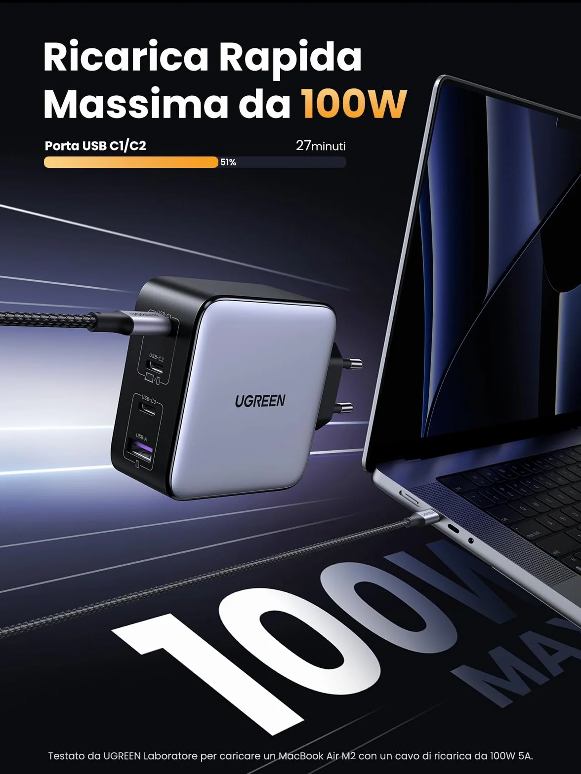 UGREEN Nexode 100W Caricatore USB C Multiplo Porte Caricabatterie Ricarica Rapida Compatibile con MacBook Pro Air iPad iPhone 17 Pro Max Air/Serie 16-12 Galaxy S26 Ultra S25