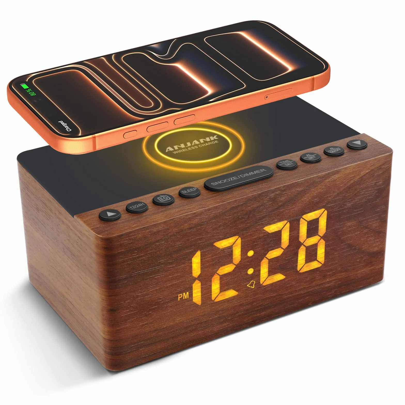ANJANK Radiosveglia Digitale con Radio FM, Stazione di Ricarica Wireless Veloce 10W per iPhone/Samsung Galaxy, Display LED, Dimmer 5 Livelli, USB