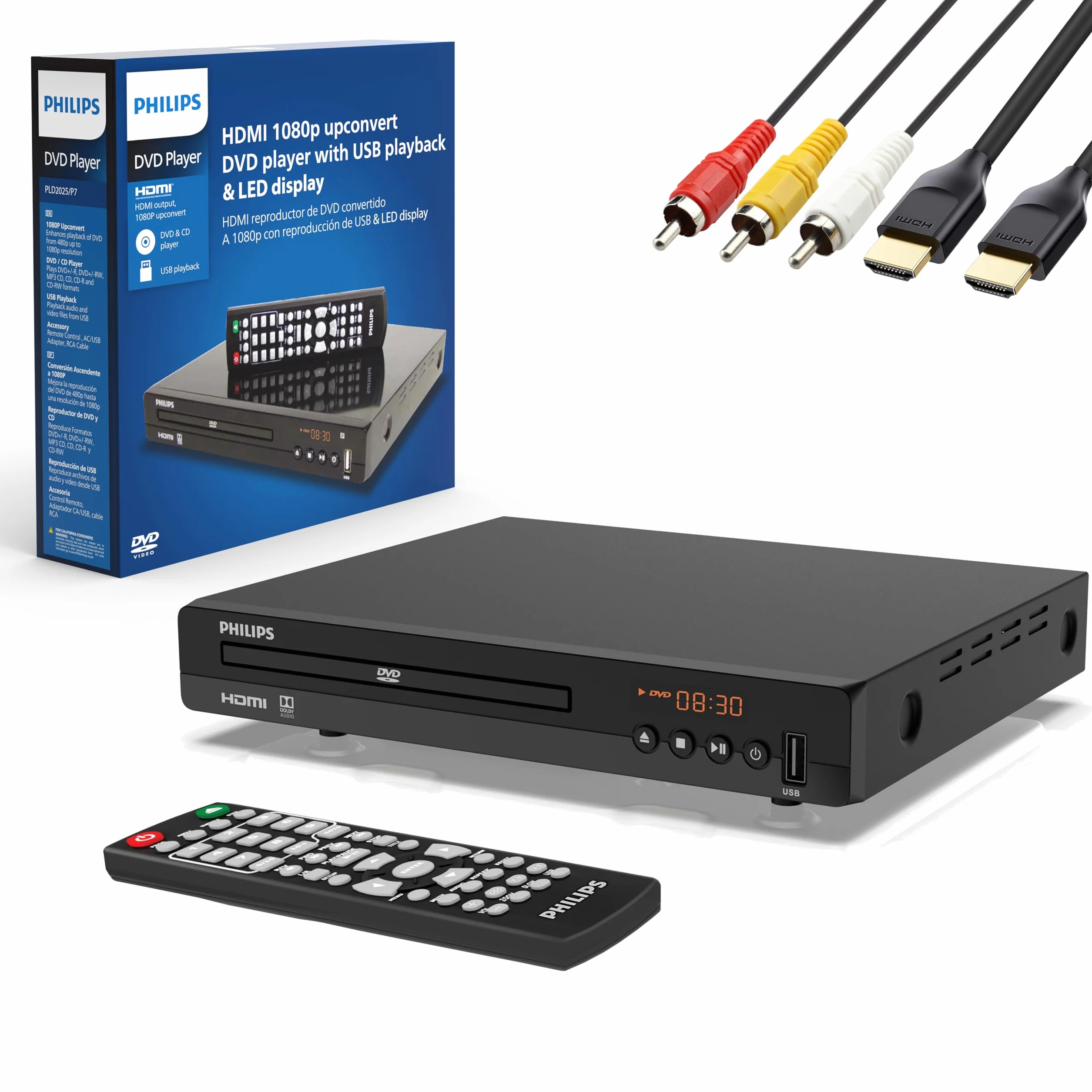 Philips Lettori DVD per TV con porta HDMI 1080P All Region HD lettore DVD per Smart TV USB Ingresso dispositivo telecomando, Mini DVD CD Player per sistema stereo domestico, cavo HDMI e RCA incluso