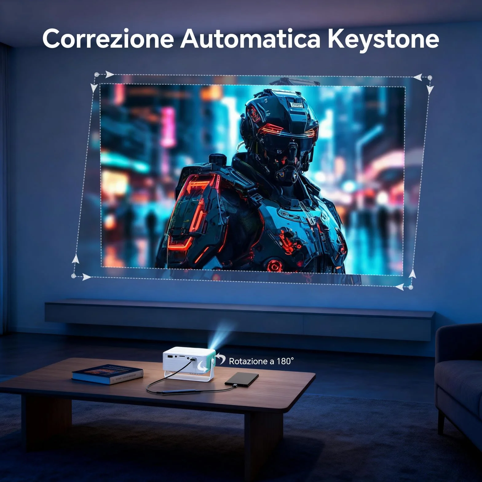 WOLFANG Proiettore Portatile 1080P FHD, Mini Proiettore con Correzione Automatica Keystone, Zoom 50%, Rotazione 180°
