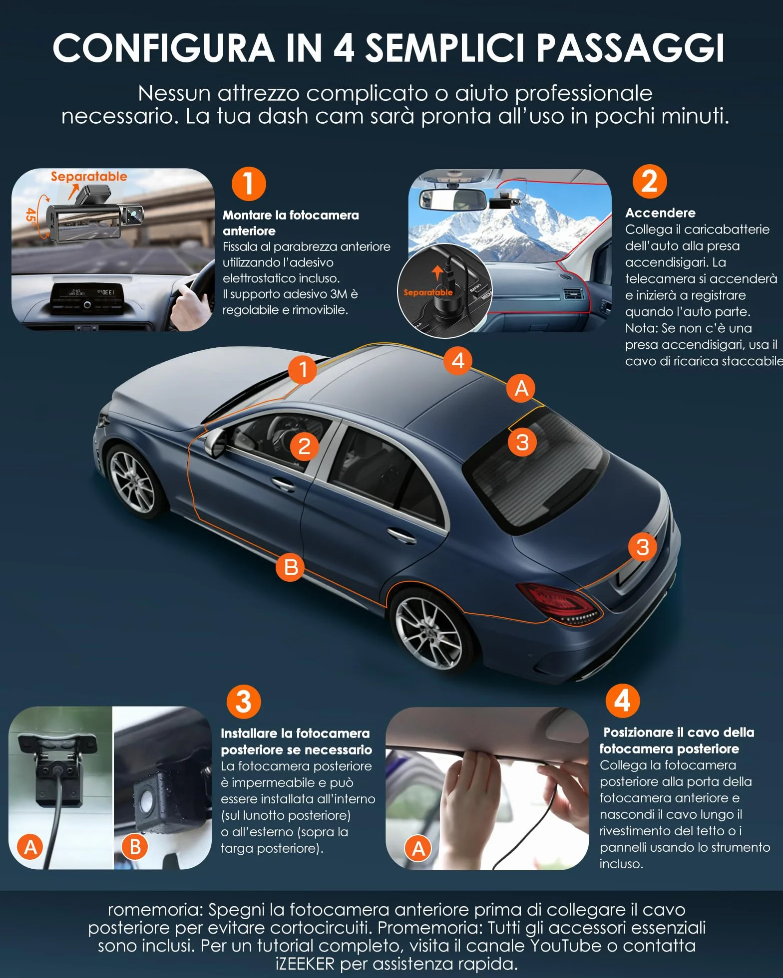 iZEEKER Dash Cam 3 Canali 4K con Scheda da 32GB GRATUITA, 4K+1080P+1080P Anteriore,Posteriore e Interna con WDR, WiFi 6, Angolo Larghezza 170°,Registrazione in Loop,Sensore G,Modalità Parcheggio 24H