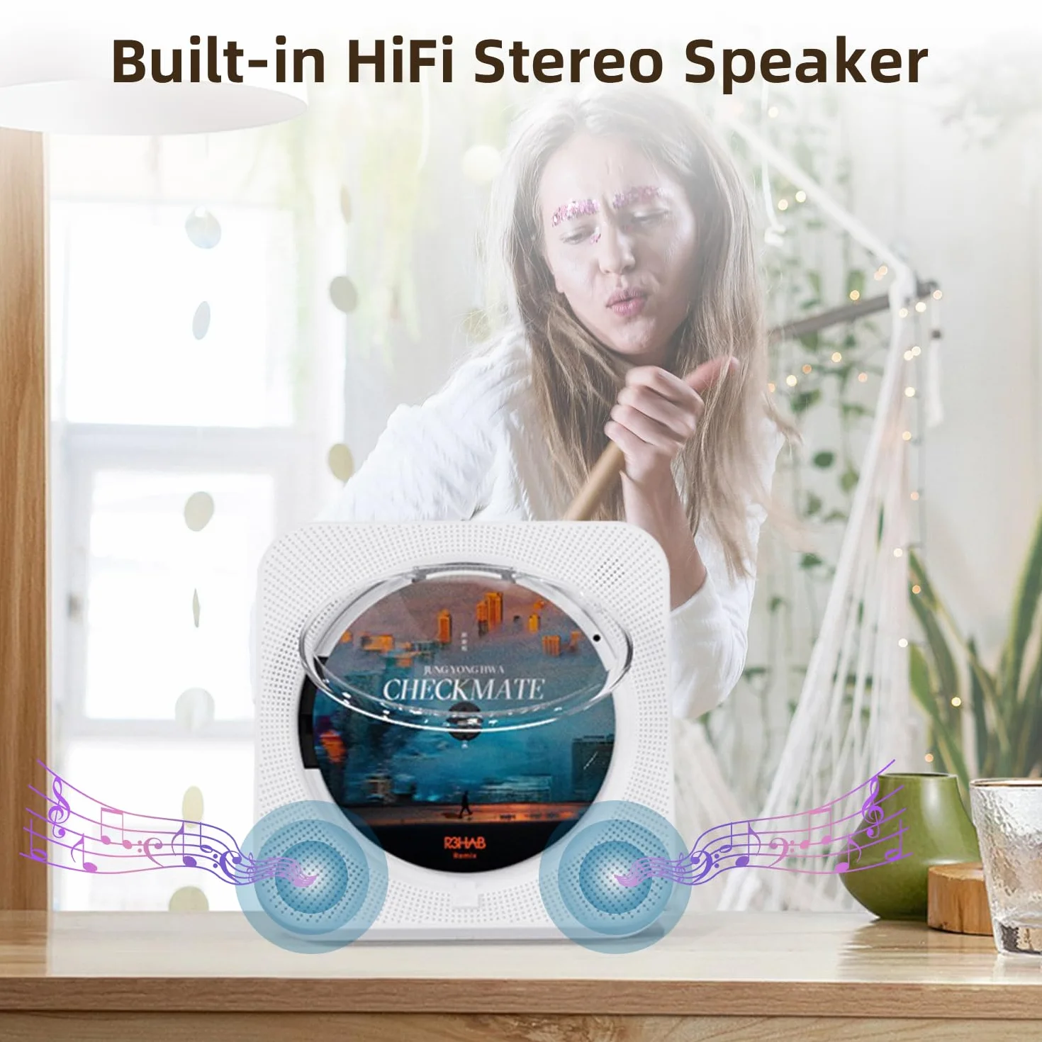 Lettore CD, lettore CD Bluetooth portatile, altoparlanti hi-fi integrati con timer, radio FM USB
