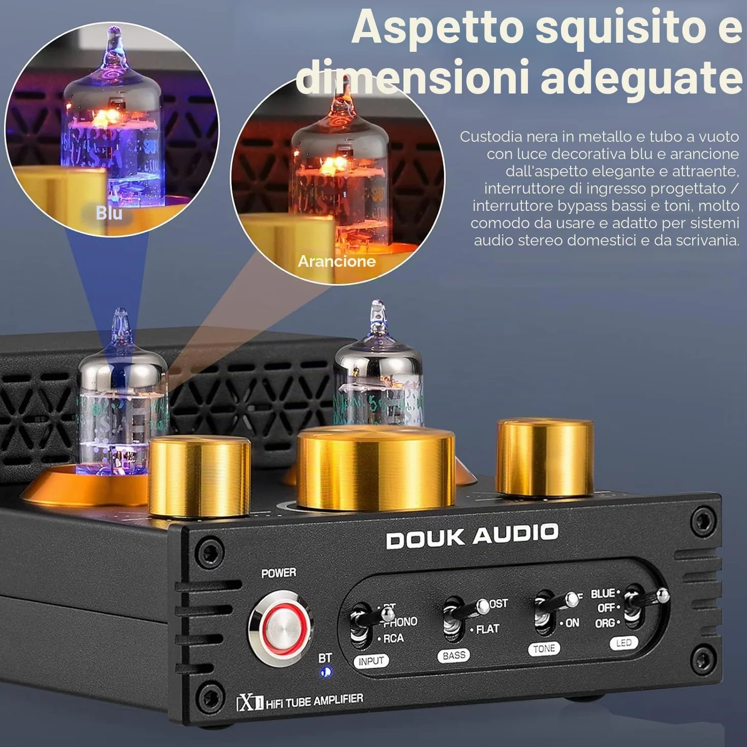 Douk Audio X1 amplificatore a valvole, amplificatore HiFi Bluetooth 5.0, amplificatore audio stereo a valvole GE5654, amplificatore phono MM, 160Wx2 chip TDA7498E, manopola di controllo acuti e bassi