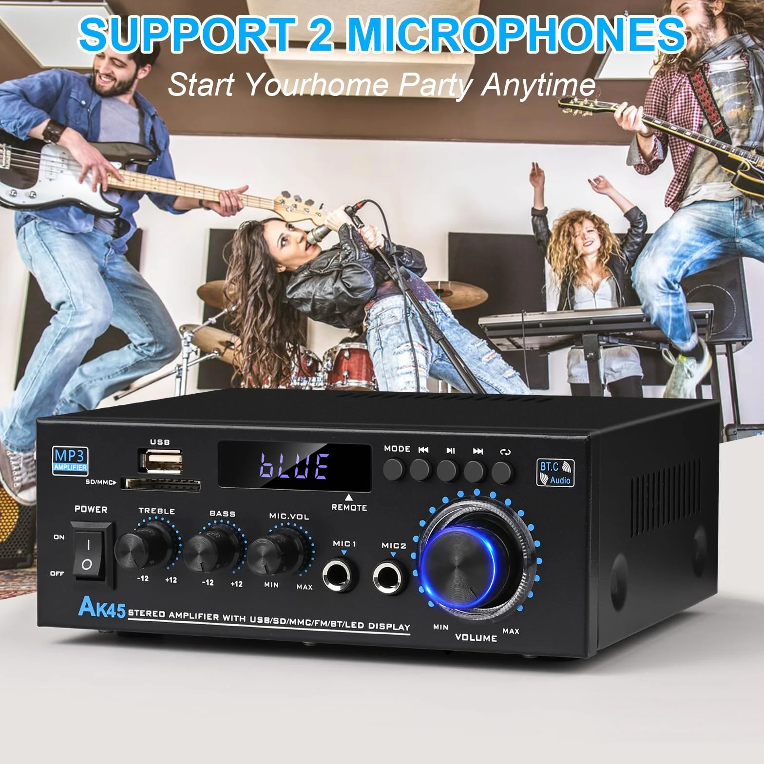 Romicta Amplificatore Audio, Amplificatore HiFi, Amplificatore stereo 600W 2 canali, Bluetooth 5.0, 12V 220V display LCD, Hi-Fi, radio FM portatile, Scheda SD Card/USB, per la casa o per l'auto