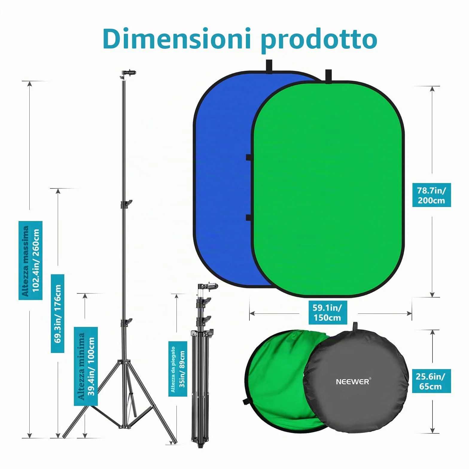 Neewer 5 x 7 ft/1,5 x 2 m - Sfondo cromato pieghevole, con supporto da 8,5 ft/2,6 m, pannello di sfondo verde blu verde reversibile 2 in 1 per studio fotografico, streaming live, videochiamate, giochi