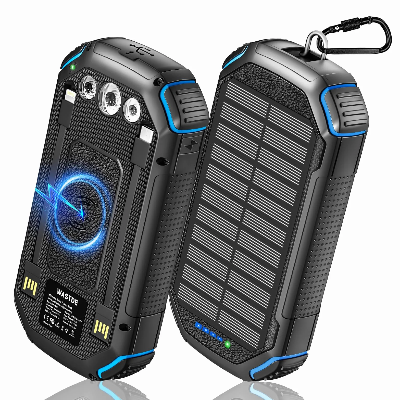 Power Bank Wireless Solar 26800mAh con 3 Cavi, Solar Powerbank USB-C 15W Ricarica Rapida 4 Uscite 3 Ingressi per Telefono Cellulare Caricatore Solare Esterno Batteria con Torcia