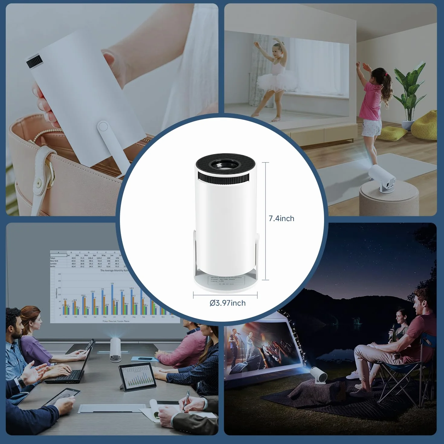 Mini Proiettore Bluetooth WiFi 4K 1080P Portatile 180° Rotazione per Interno Esterno HDMI TV Stick Laptop