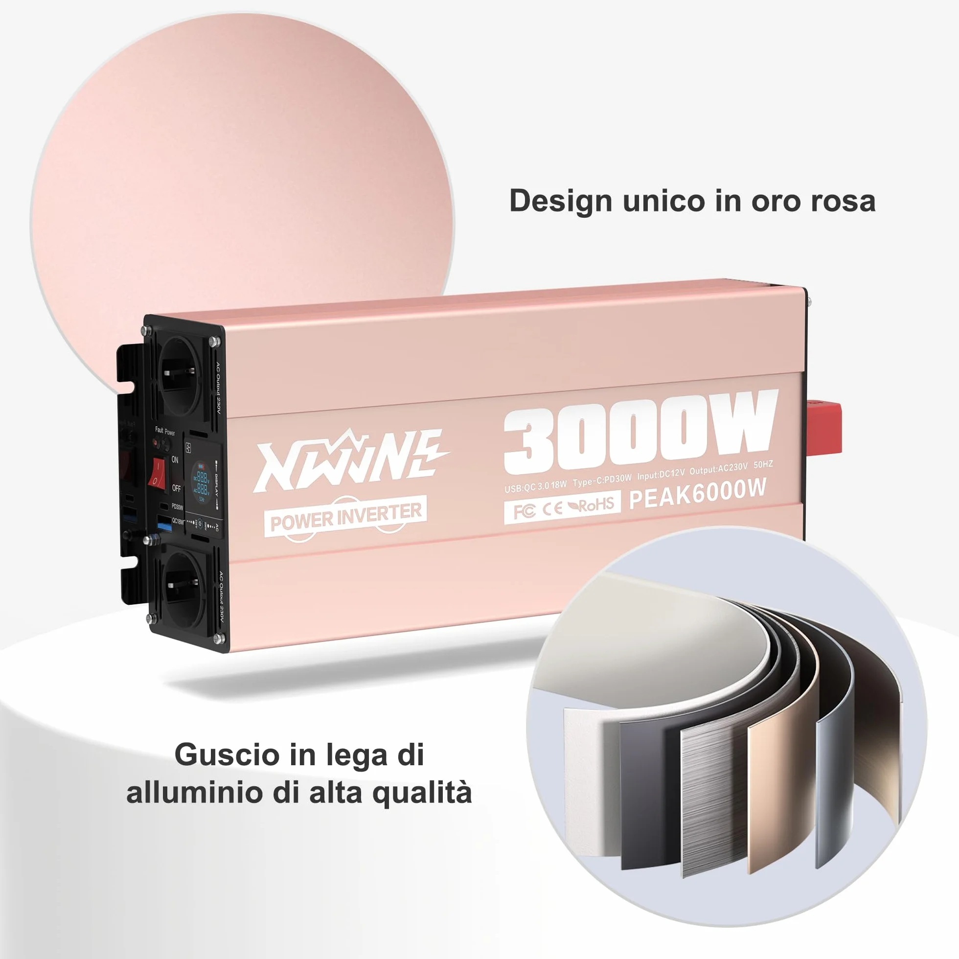 XWJNE Inverter 12V 220V/230V Onda Sinusoidale Pura 3000W, Convertitore di Tensione con 2 Prese CA, 1 Porte USB-A e 1 Porte USB-C, Display LCD, Telecomando 5M, per Camper, Camion, Casa e Emergenza