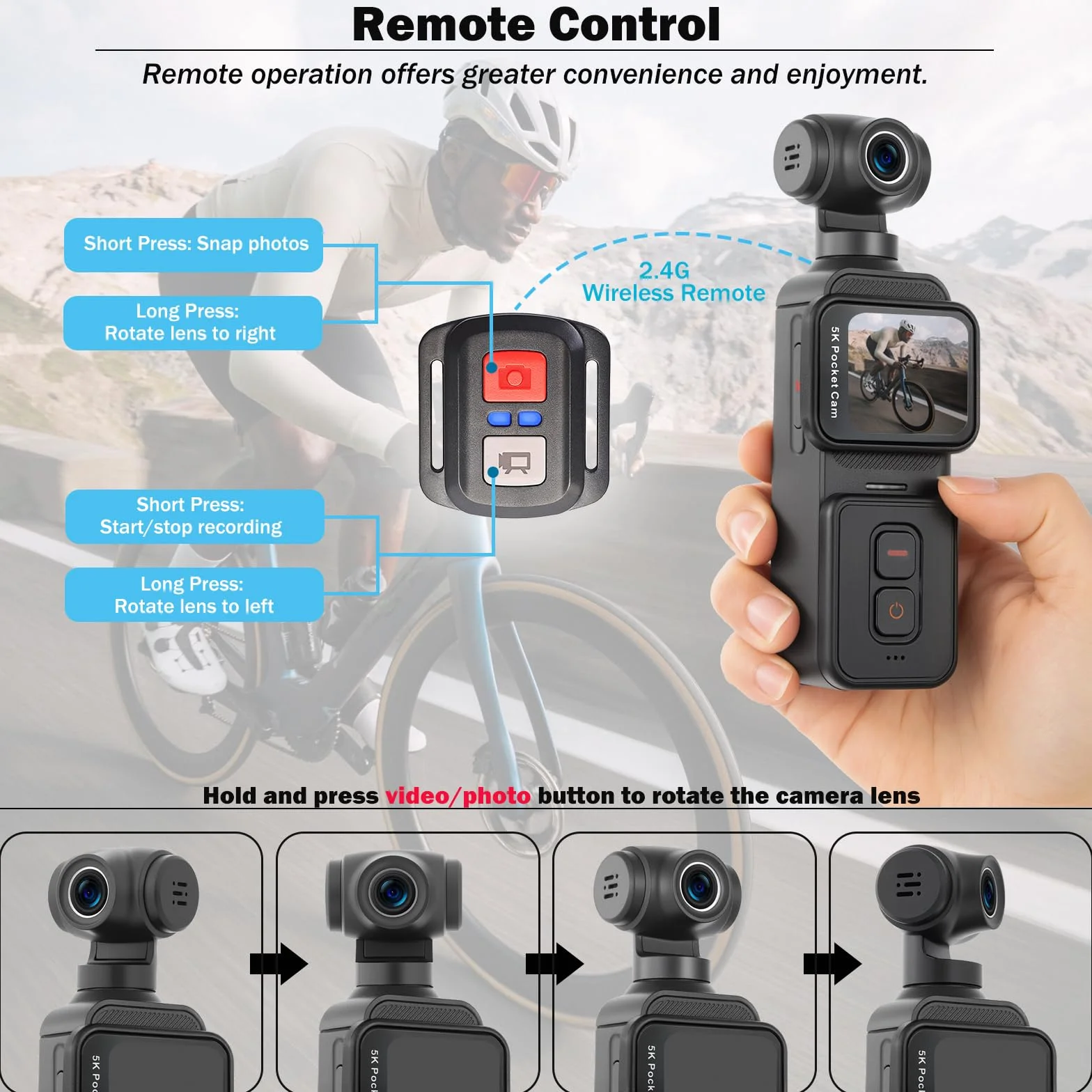 ydi 5K Fotocamera per Vlog con Touchscreen, Videocamera Portatile Wi-Fi POV Camera con Lente Elettrica Ruotabile a 270°, Rilevamento del Volto, Telecomando, Microfono Esterno, Scheda da 64GB