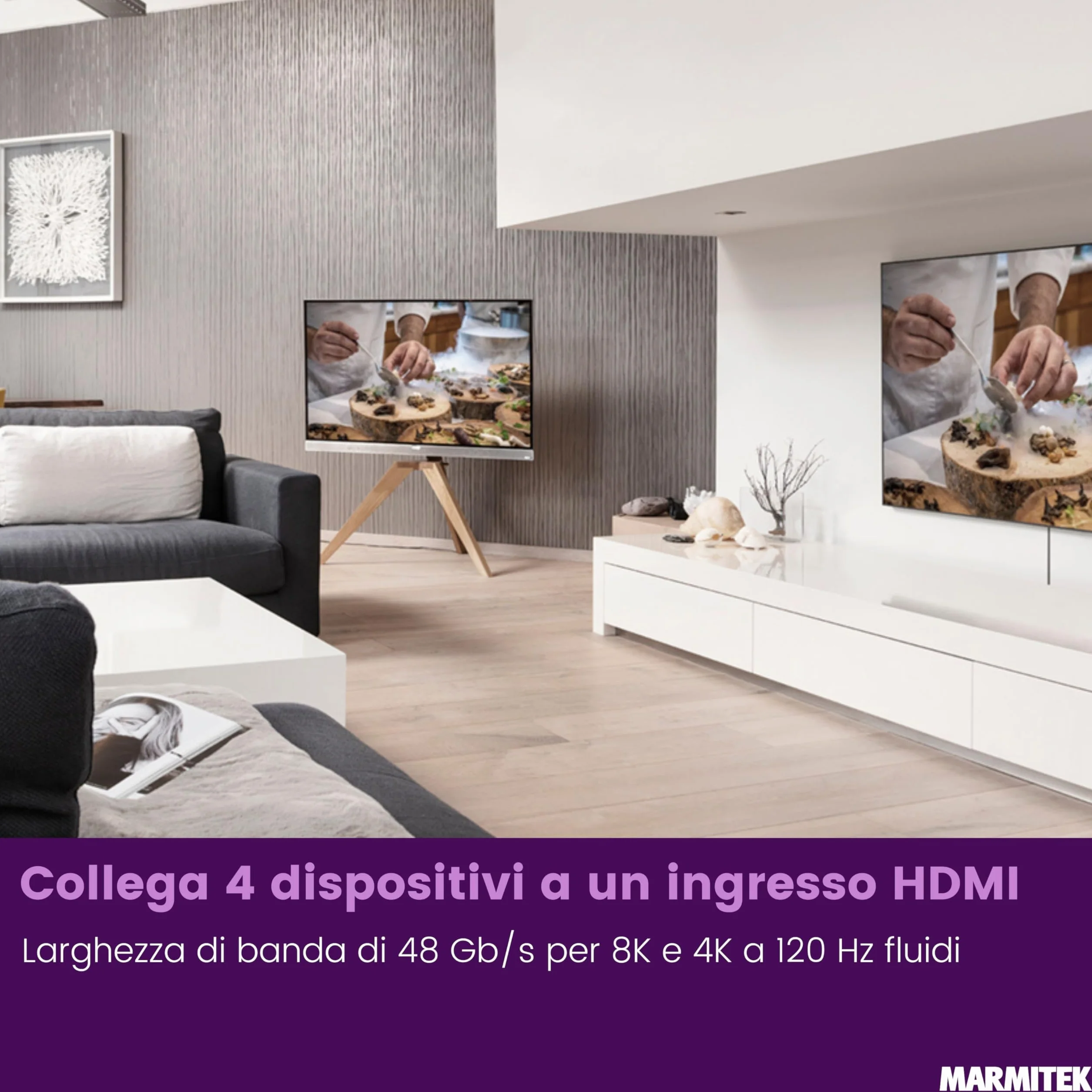 Switch HDMI 8K60 Marmitek Connect 740-4K120 gaming - HDMI 2.1 4 ingressi 1 uscita - 48 Gbit/s VRR ALLM QMS QFT - commutazione automatica - telecomando