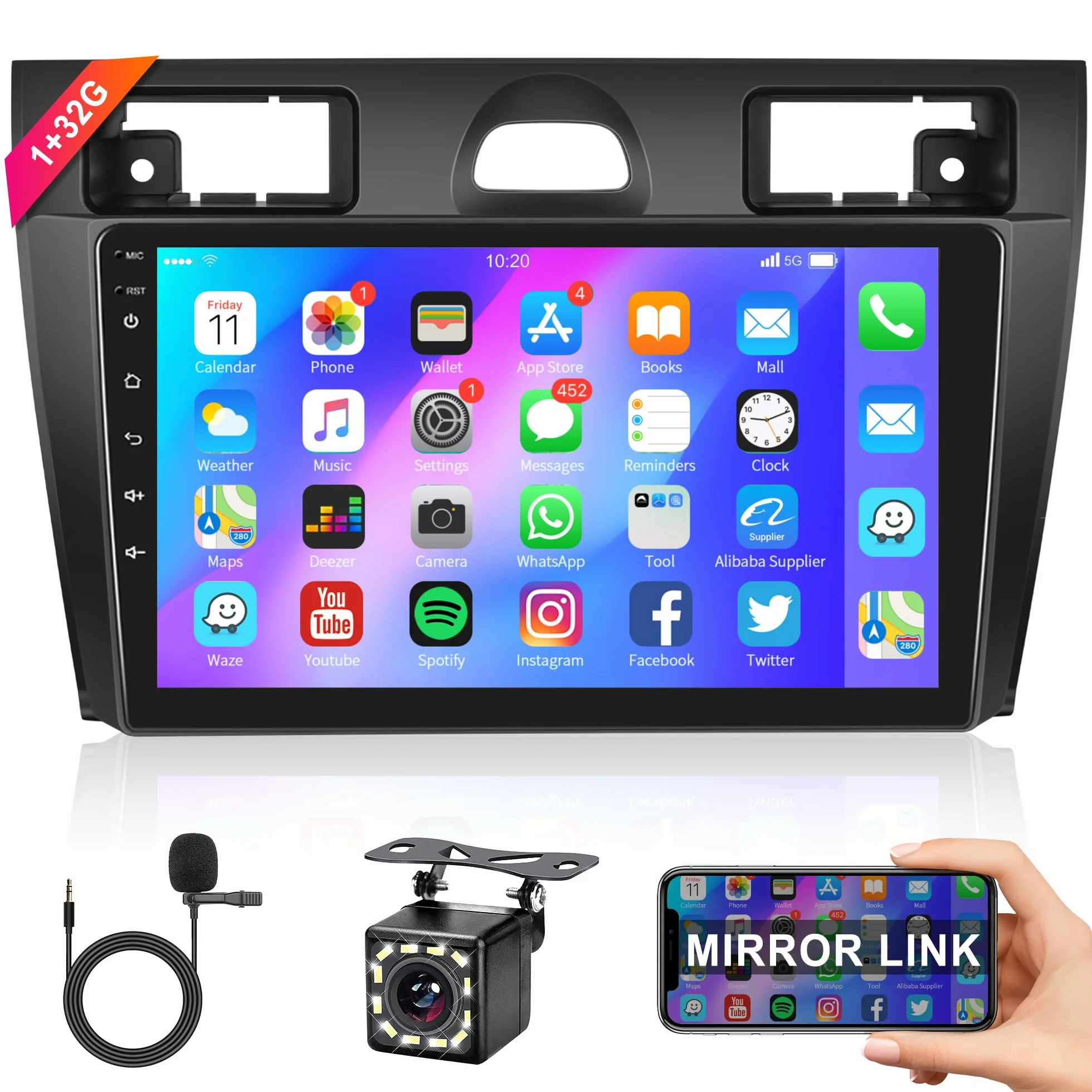 32G Android Autoradio per Ford Fiesta Mk VI 5 Mk5 2002-2008 con GPS Navi WiFi 9 Pollici Autoradio 2 Din con Mirror Link Bluetooth FM/RDS/OBD/DAB+/DVR/EQ/USB Controllo del Volante Telecamera Posteriore