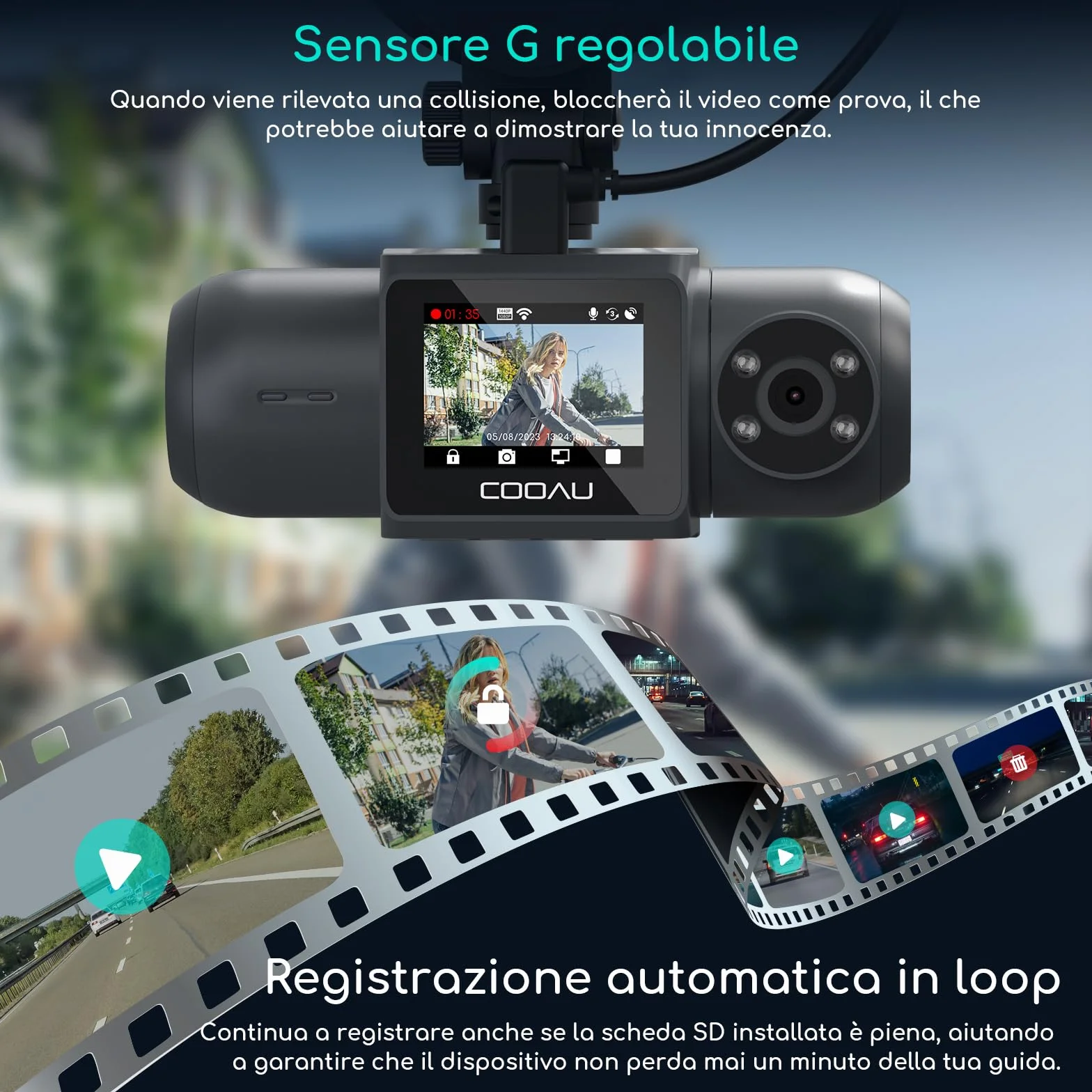 COOAU D30S 4K Dash Cam Auto con GPS Wi-Fi - Doppia Dashcam Auto Anteriore e Interna 2.5K 1080P, Con Visione Notturna a Infrarossi, Sensore G, Modalità Parcheggio, Registrazione in Loop