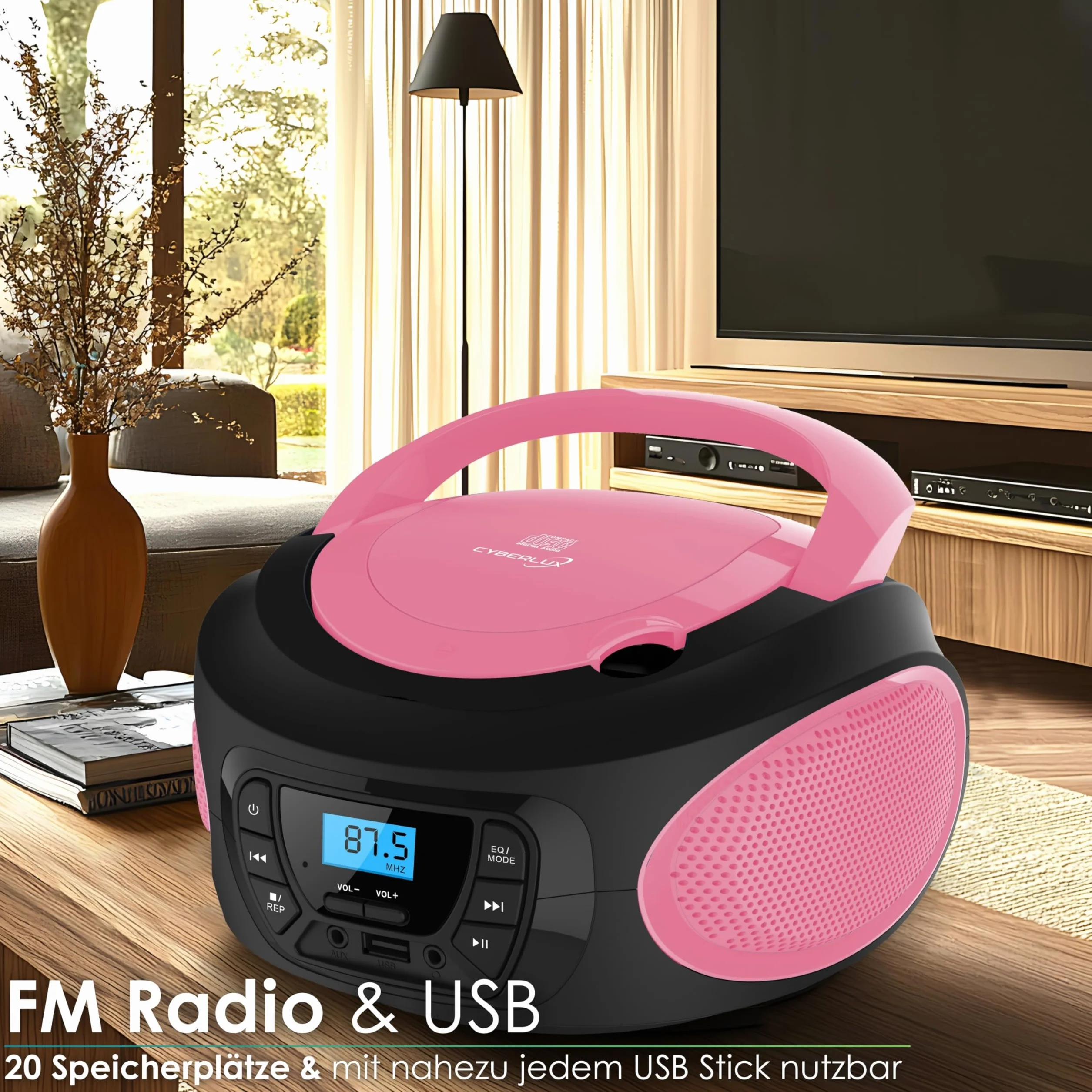 Boombox Lettore Portatile Radio FM con CD, USB e Ingresso AUX-IN, Presa per Cuffie - Sistema Stereo Compatto - Rosa Brillante (Pretty Pink)