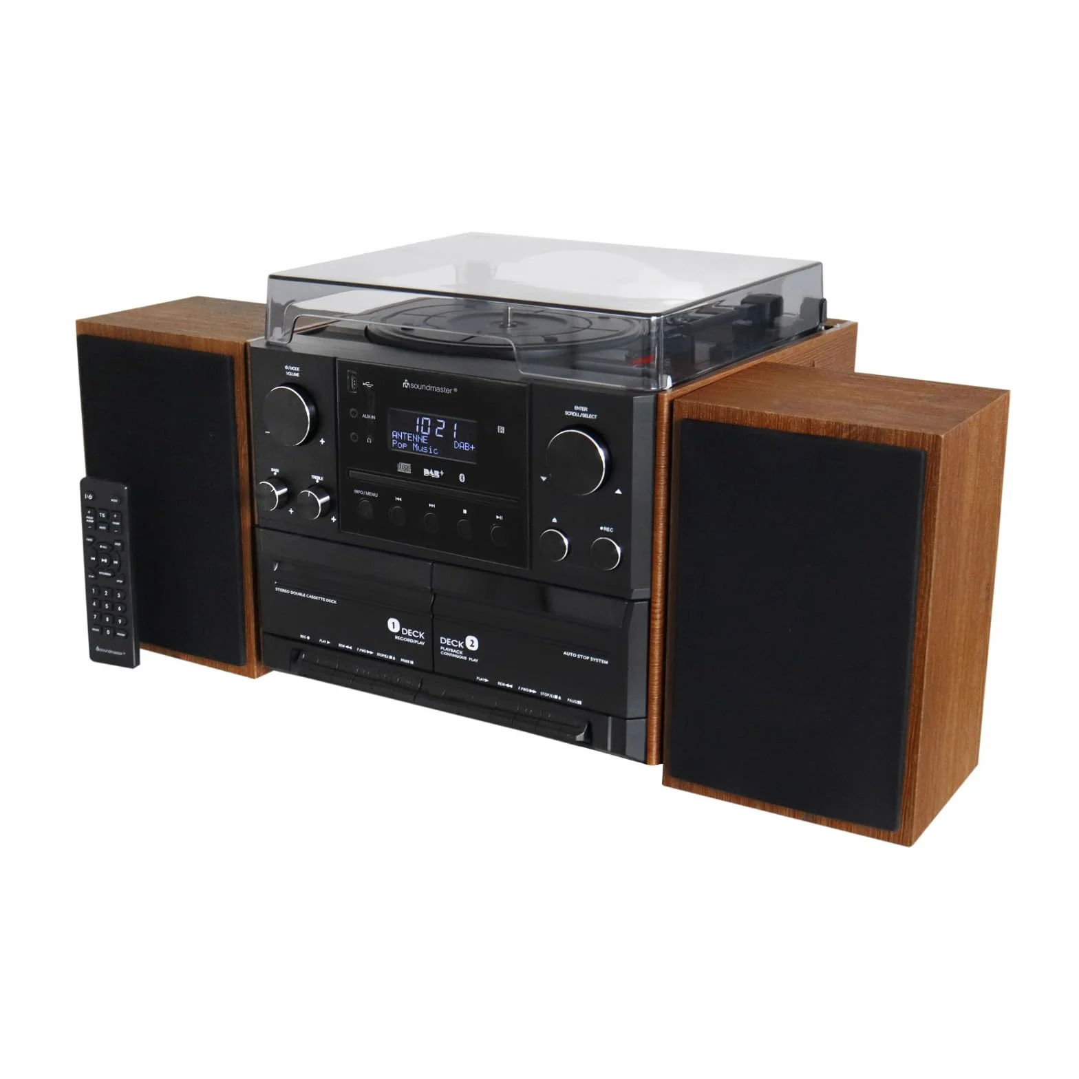 Soundmaster MCD5550SW Musiccentre with DAB+, Record Player, CD/MP3, Double Cassette and Encoding, Colore:braun