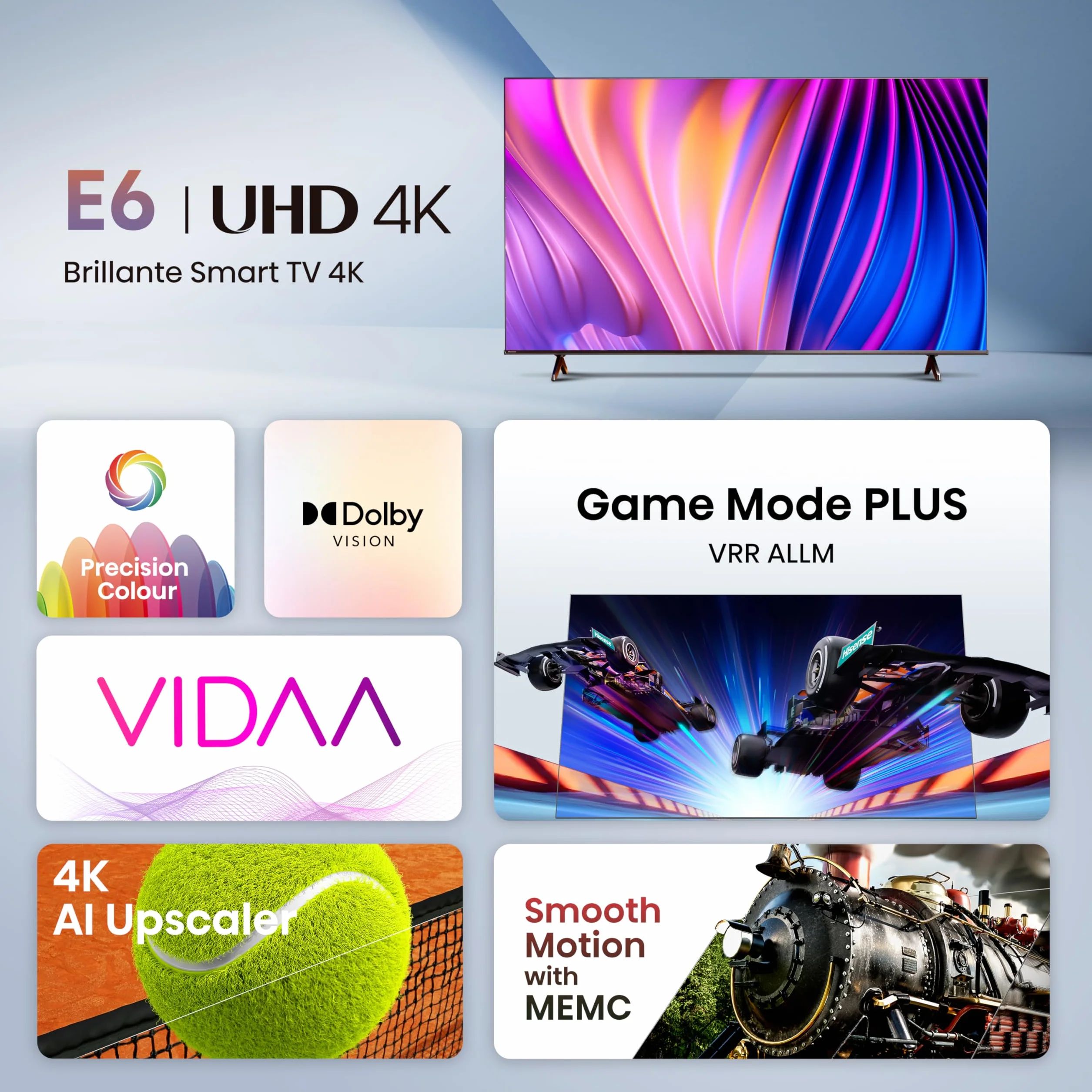 Hisense TV 55" 4K Ultra HD 55E63NT, Smart TV VIDAA U7, Dolby Vision, HDR 10+, DTS Virtual:X, Game Mode Plus, Alexa Built-in, VIDAA Voice, DVB-T2/S2 HEVC 10