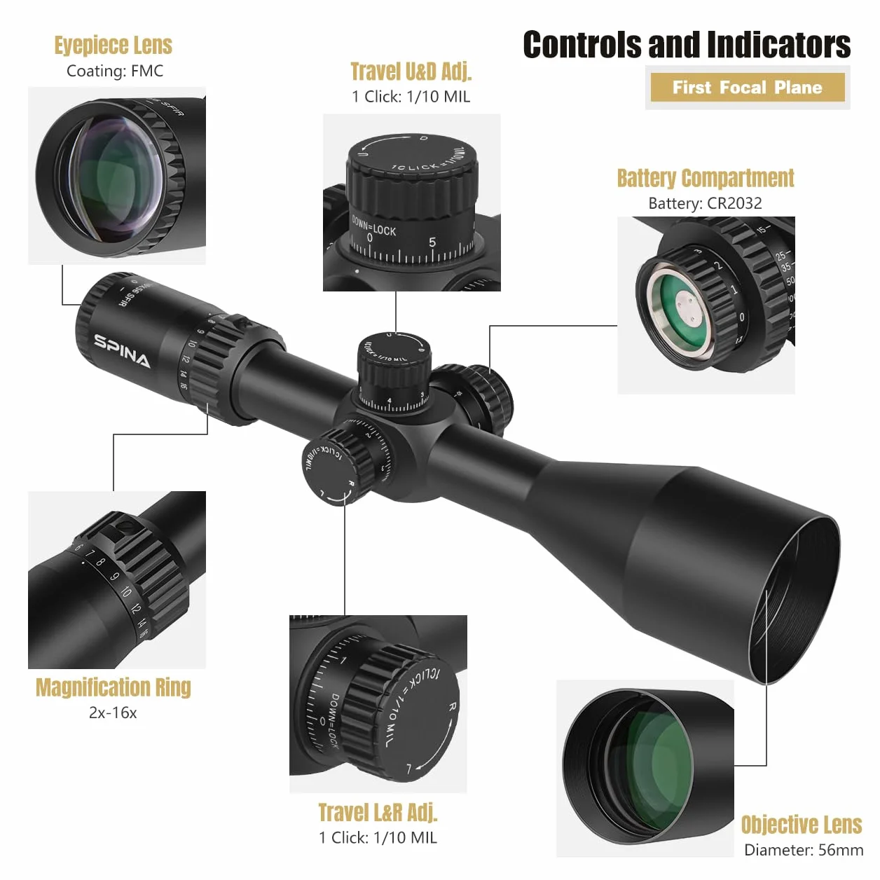 SPINA OPTICS HD 2-16x56 Primo Piano Focale Scope Side Parallax 1/10 MIL Tactical Caccia Riflescope